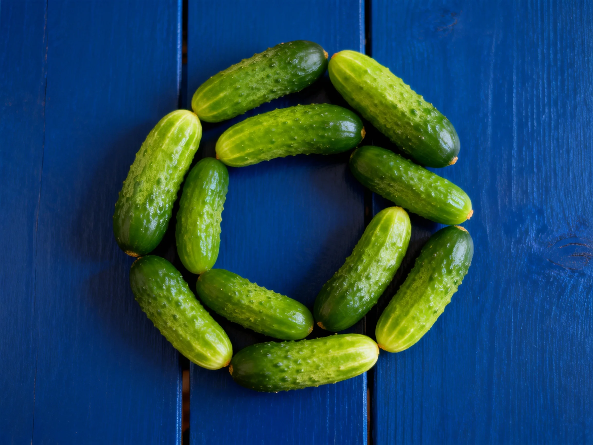 Twelve fresh cucumbers arranged in a circular pattern on a deep blue wooden surface.