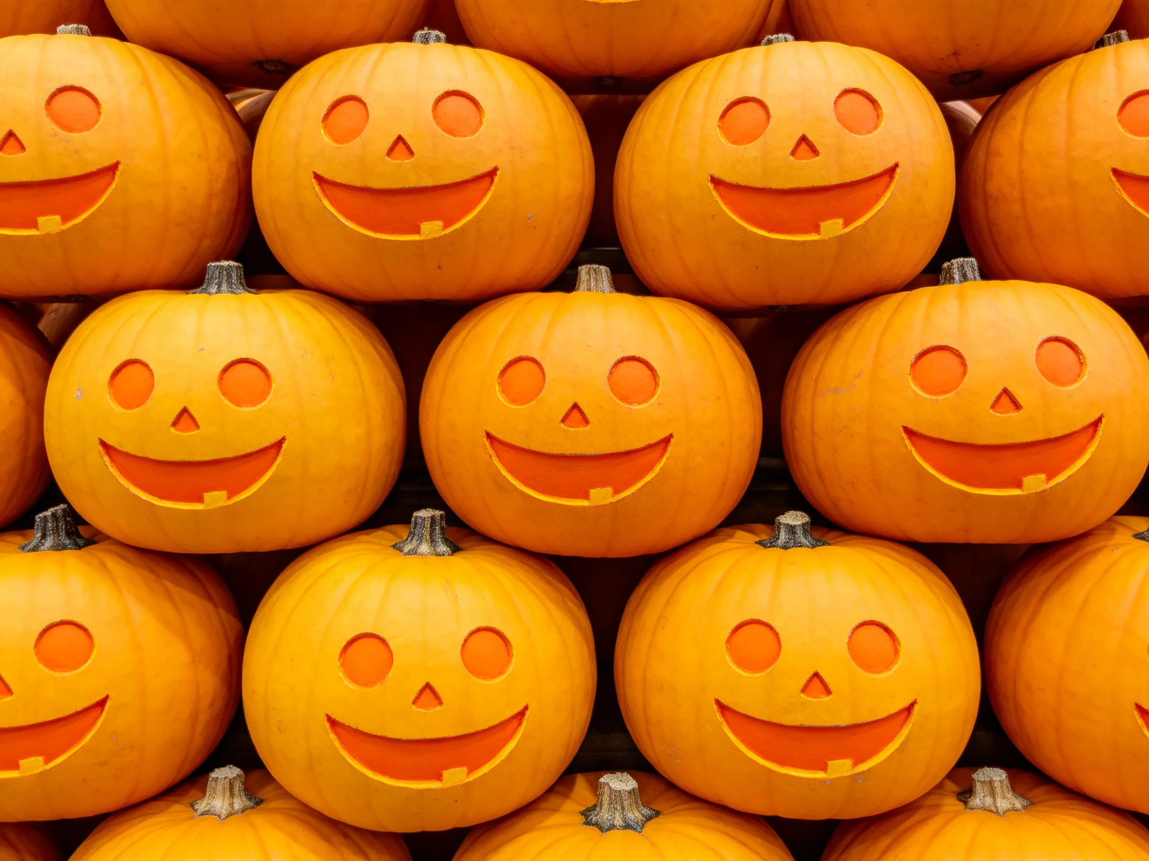 Twenty-five bright orange carved pumpkins arranged in grid formation