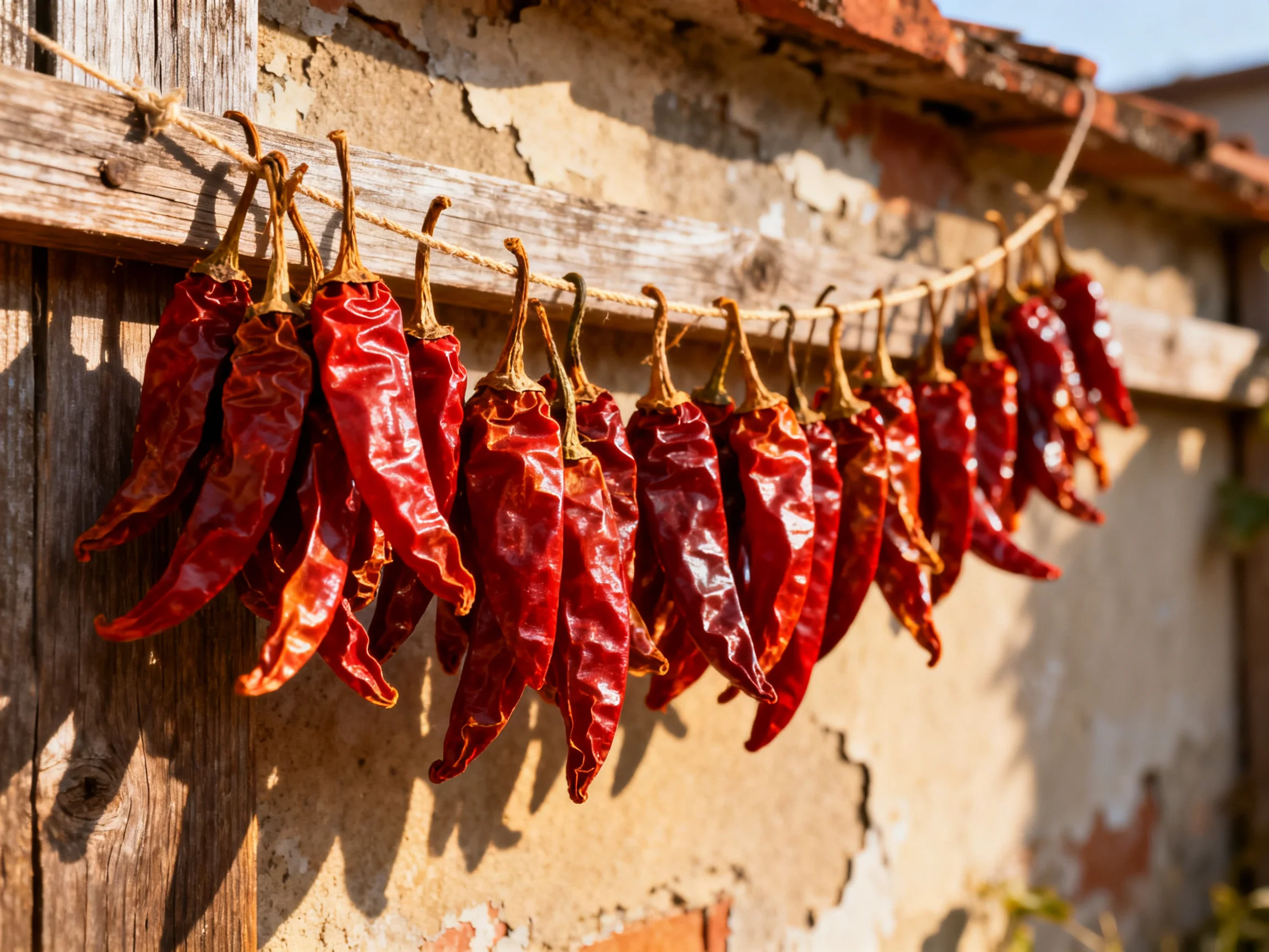 Twenty-five vibrant red dried chili peppers hang from a twine near an aged wall.