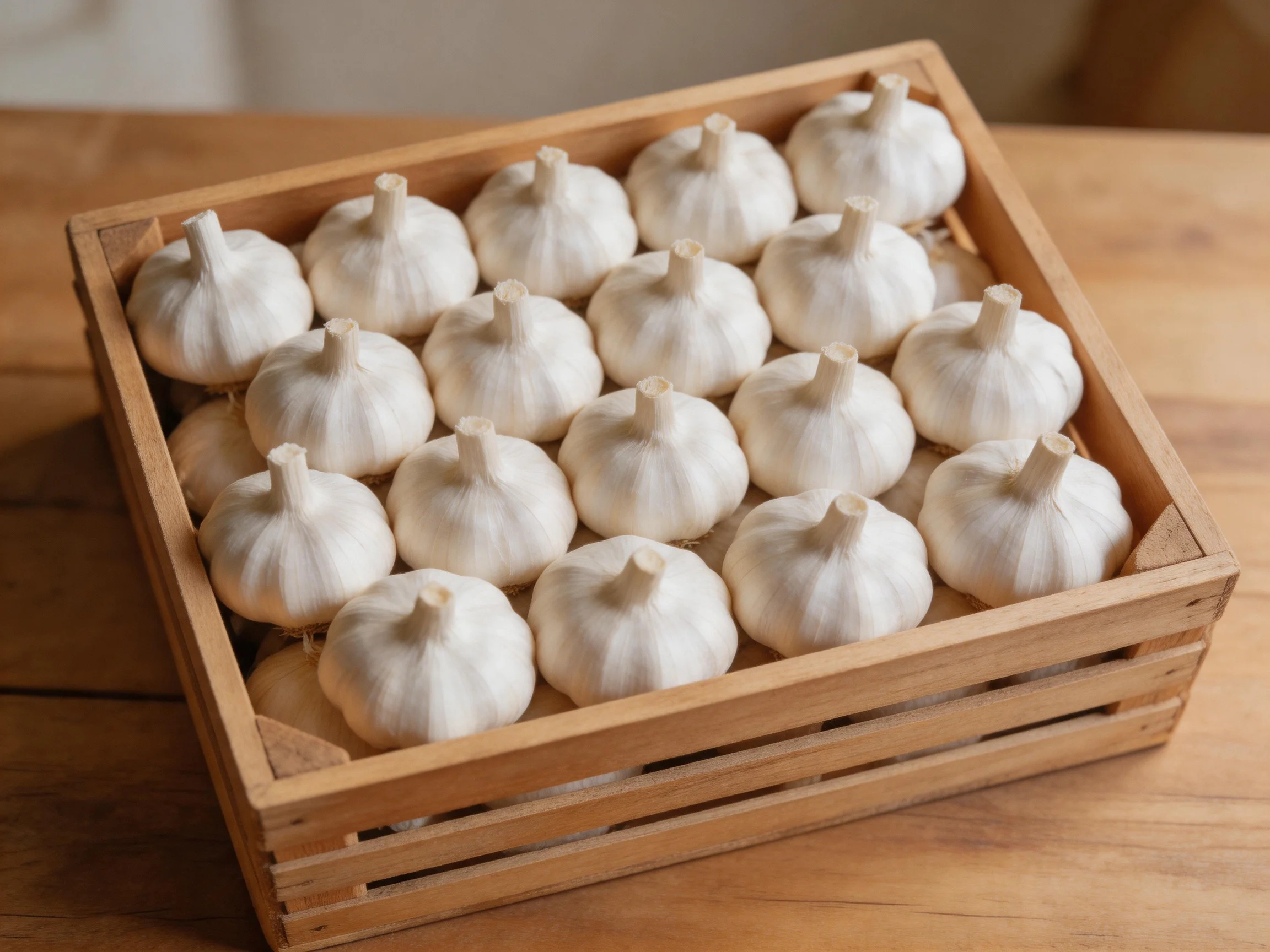 Twenty-four white garlic bulbs arranged in a wooden crate