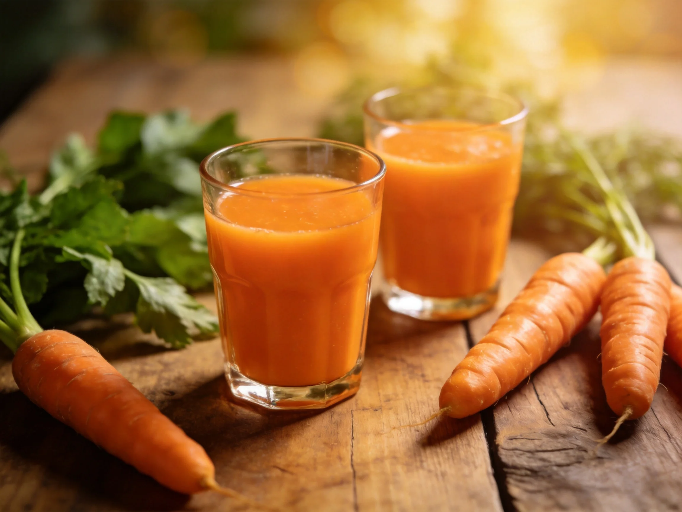 Two Glasses of Orange Carrot Juice with Fresh Carrots and Greens