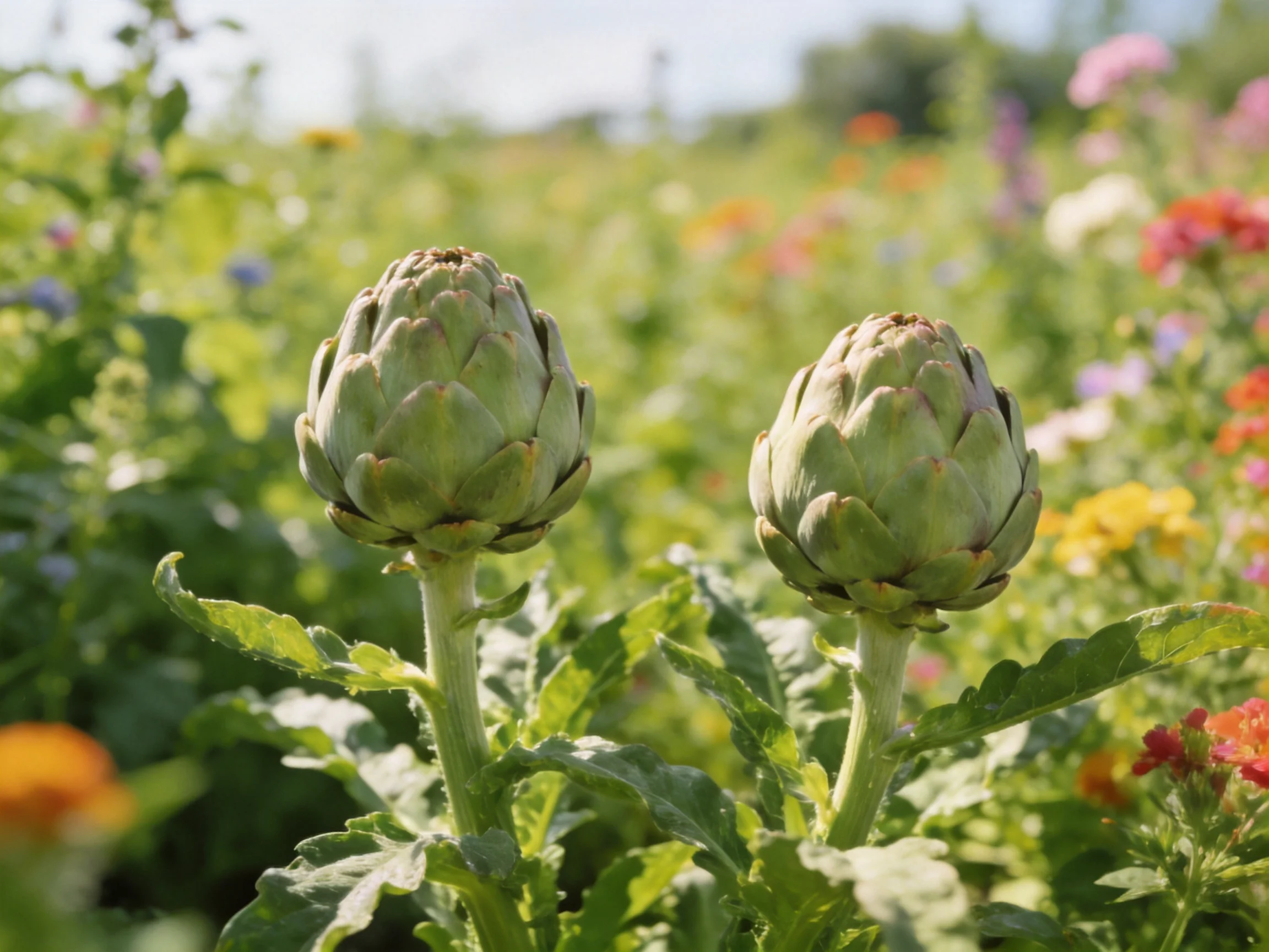 Two artichoke buds amid colorful wildflowers in a sunlit meadow
