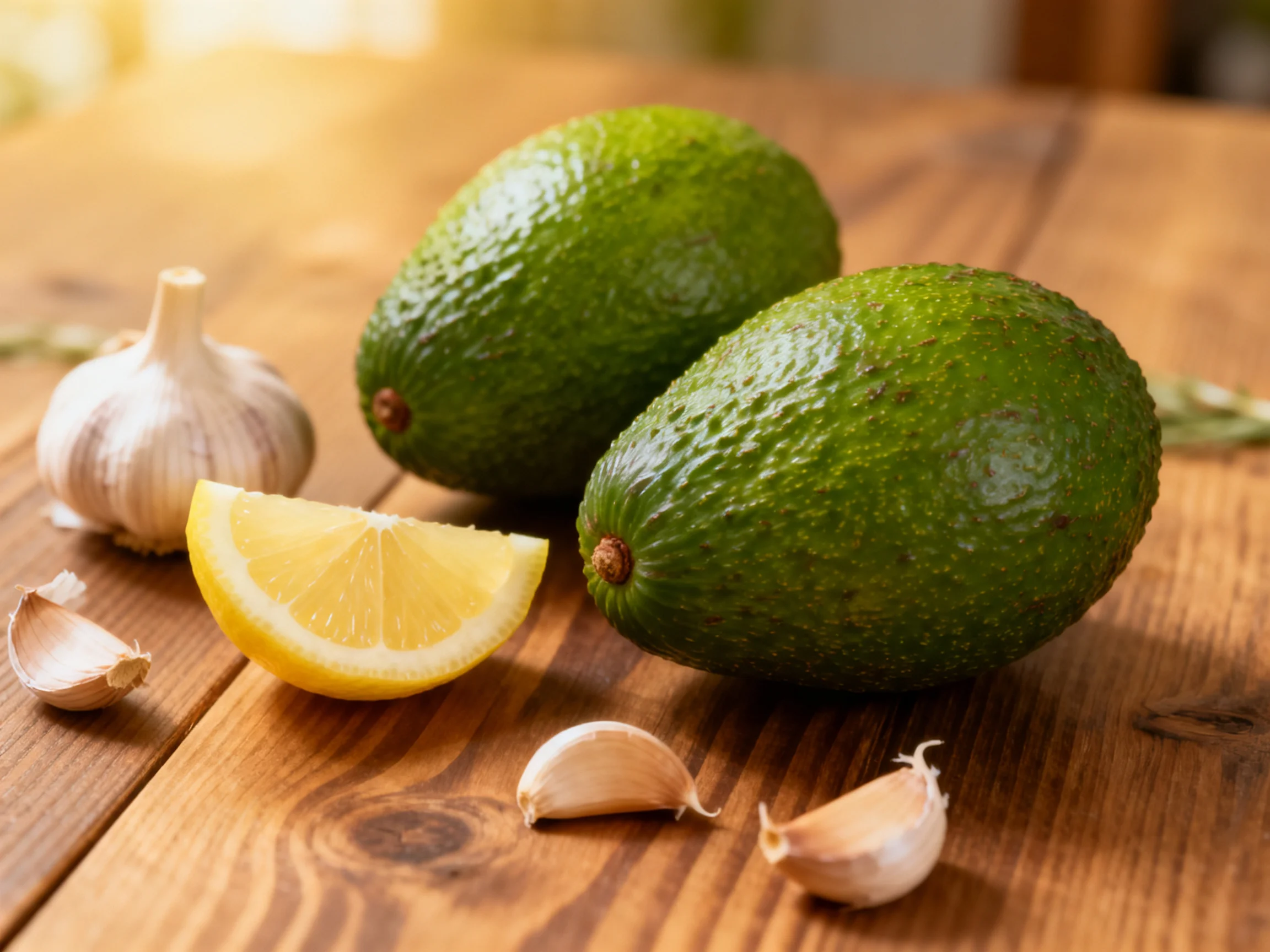 Two avocados, garlic cloves, and a lemon slice on a wooden table