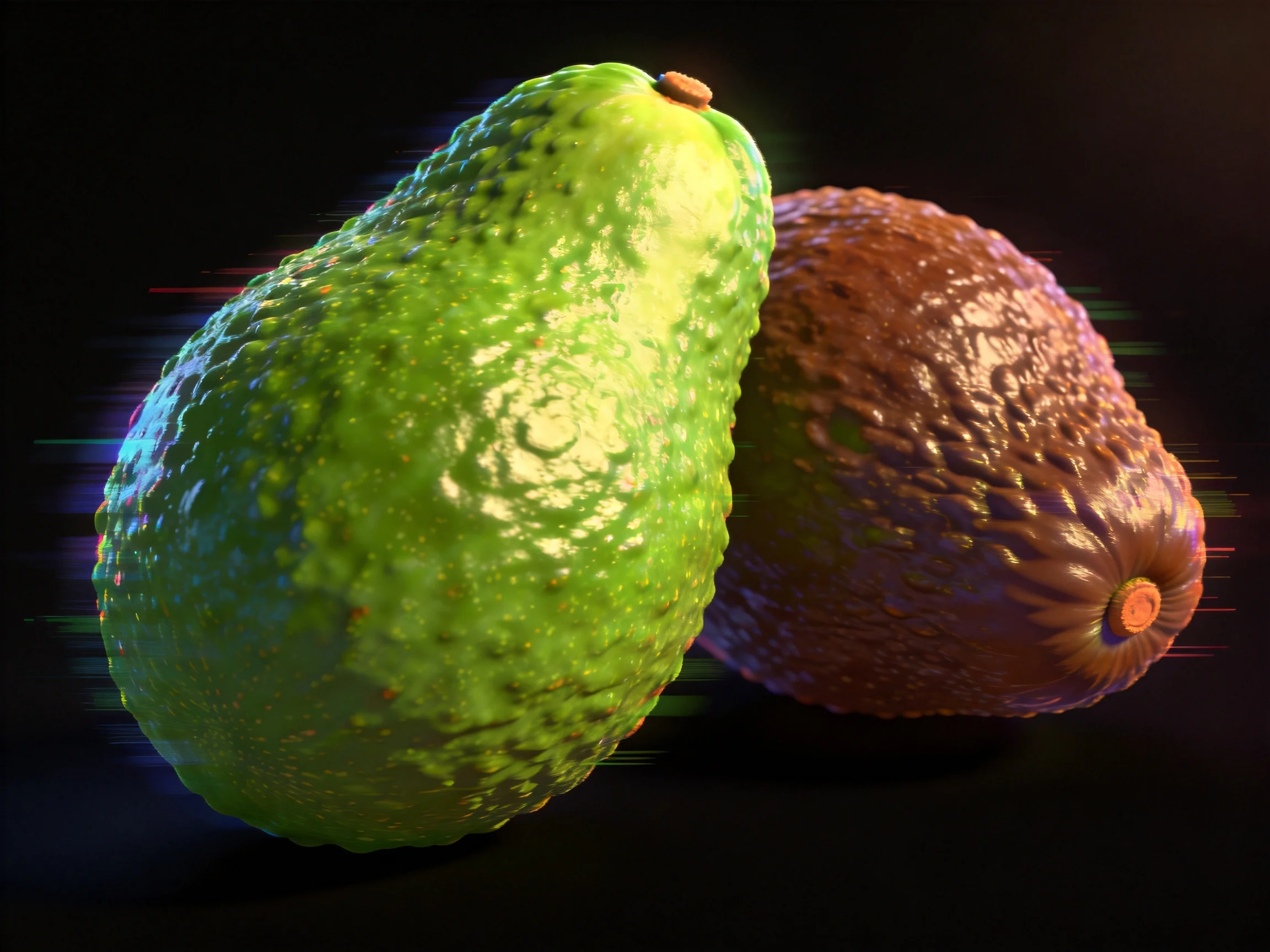 Two avocados, one bright green, one deep brown, with textured exteriors and dramatic lighting