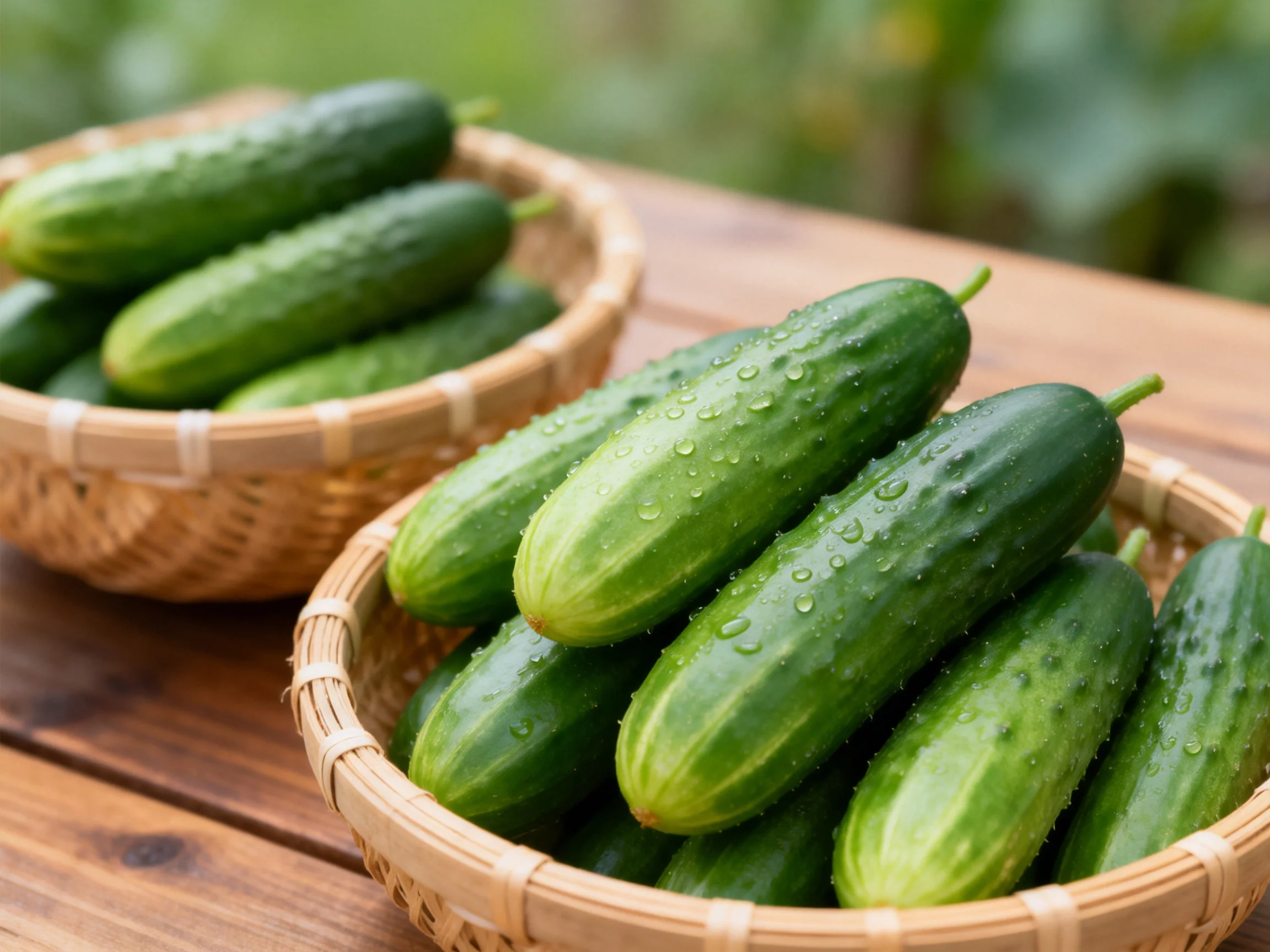 Two baskets filled with fresh green cucumbers on a wooden table