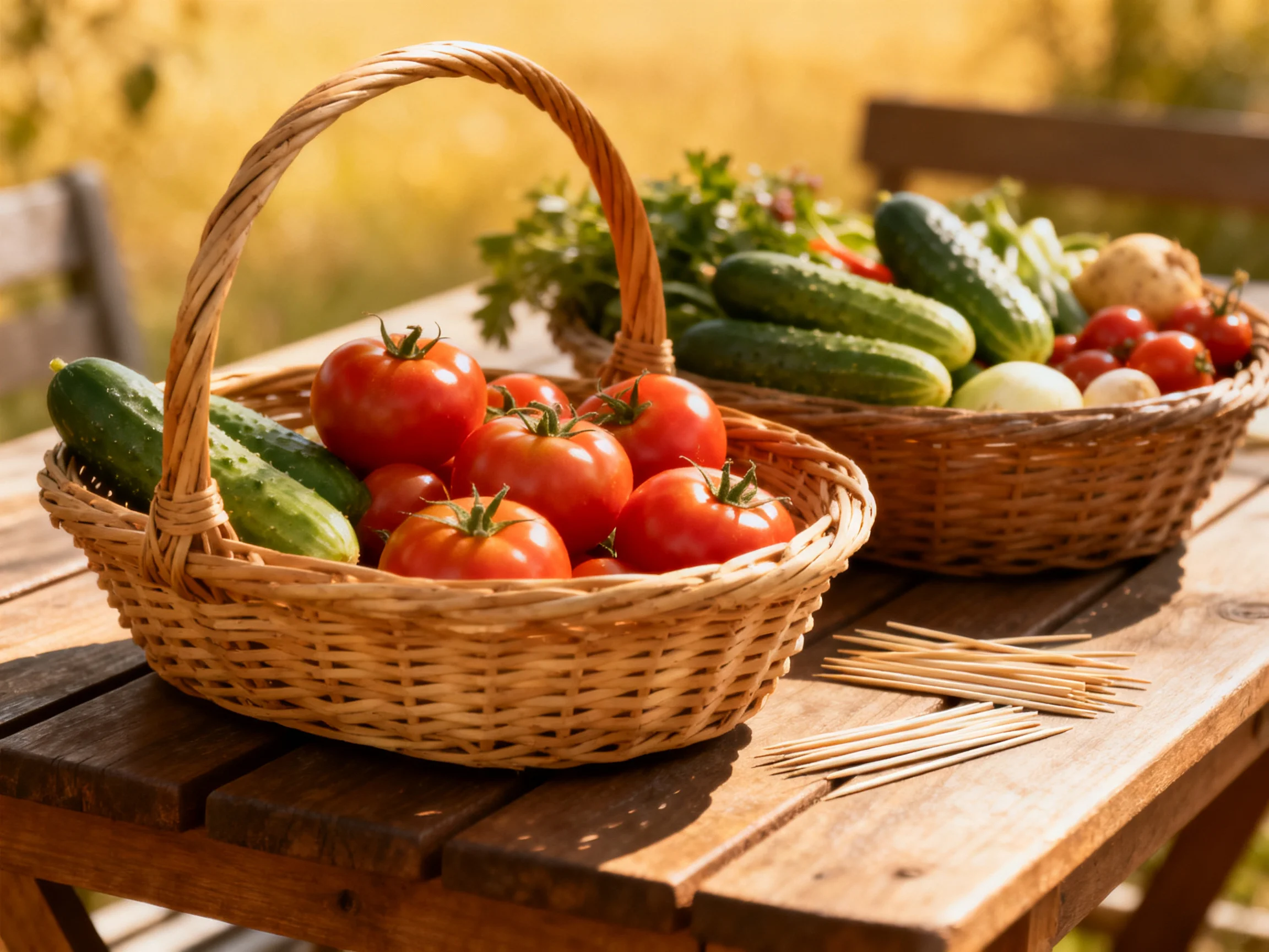 Two baskets filled with fresh vegetables sit on a wooden table