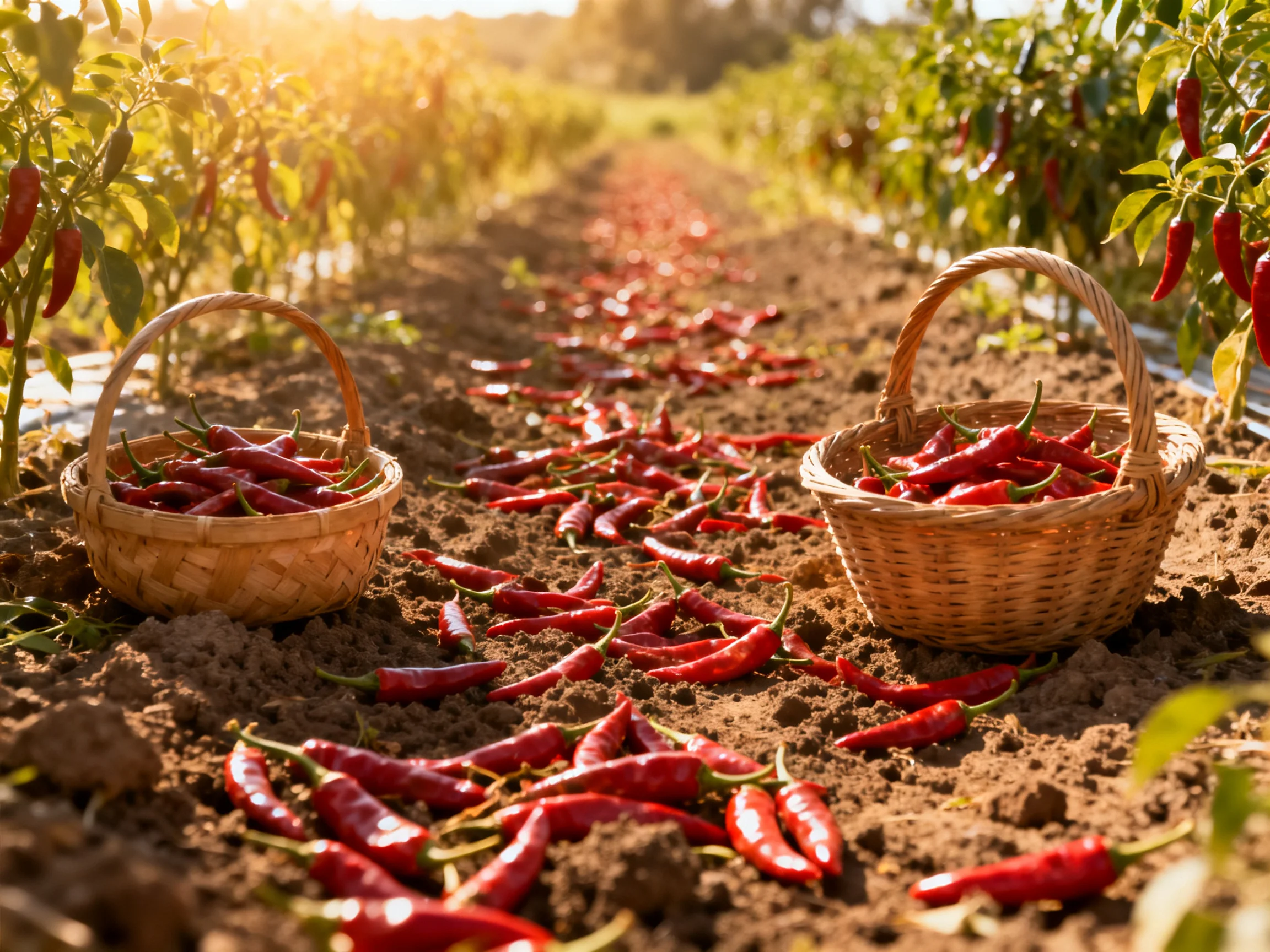 Two baskets hold freshly picked red chili peppers amid cultivated plant rows