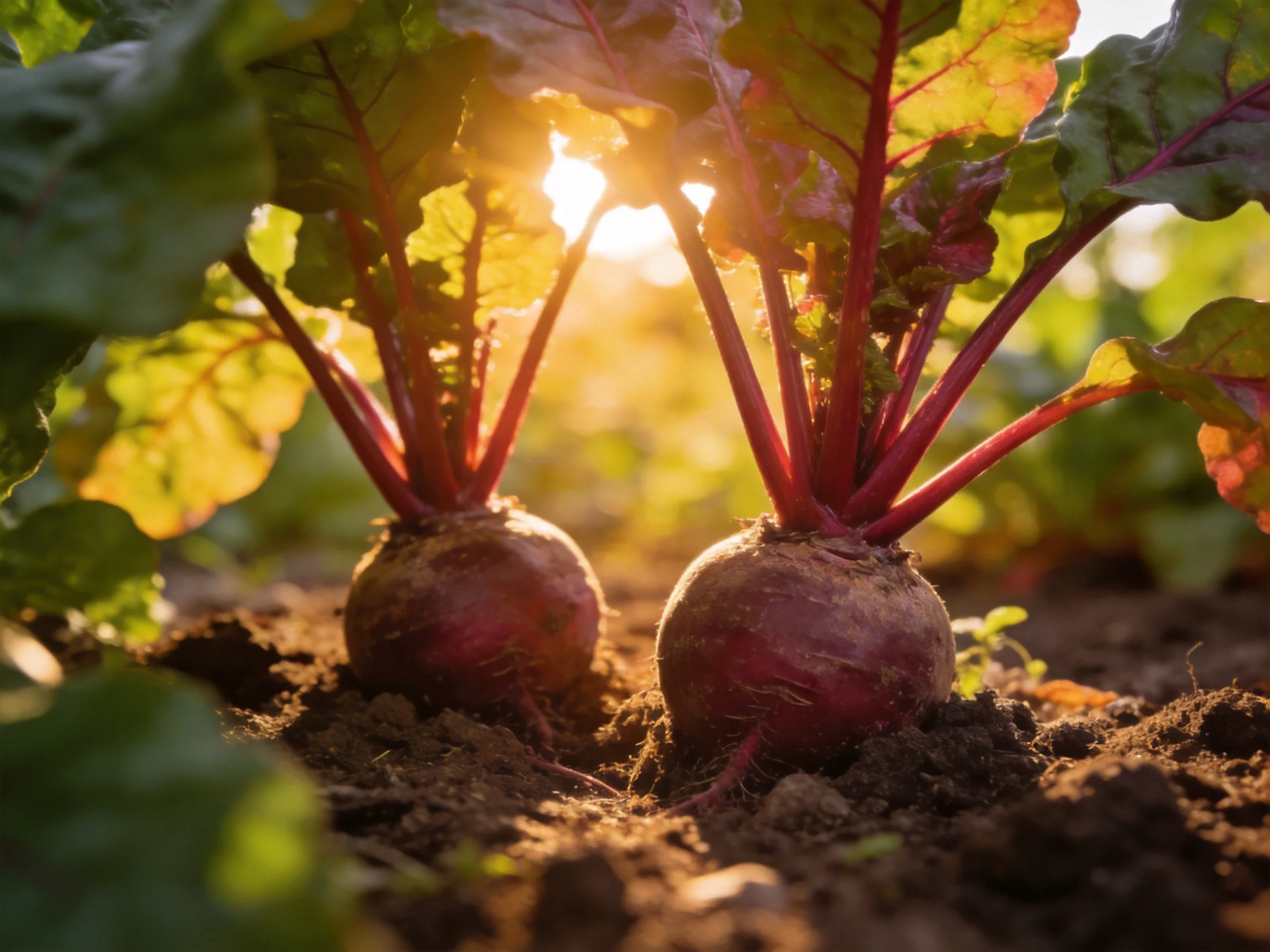 Two beetroot plants growing in fertile soil with sunlight filtering through foliage