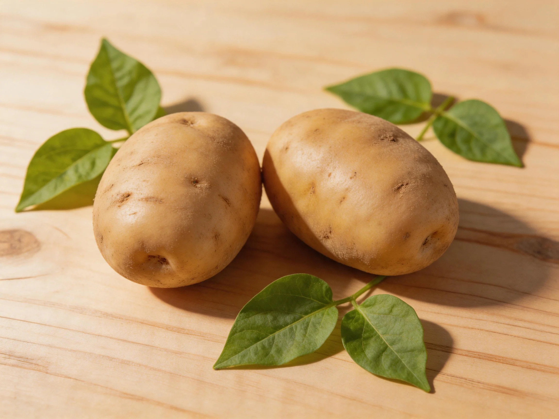 Two beige potatoes with green leaves on a wooden surface