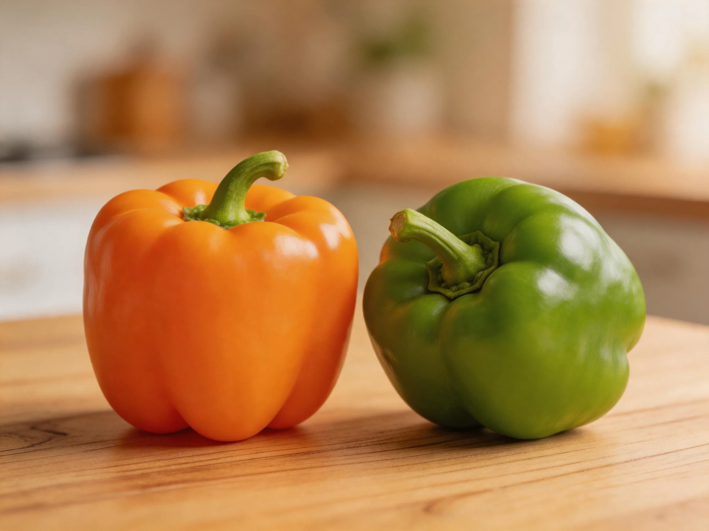 Two bell peppers, one orange and one green, rest on a wooden cutting board.