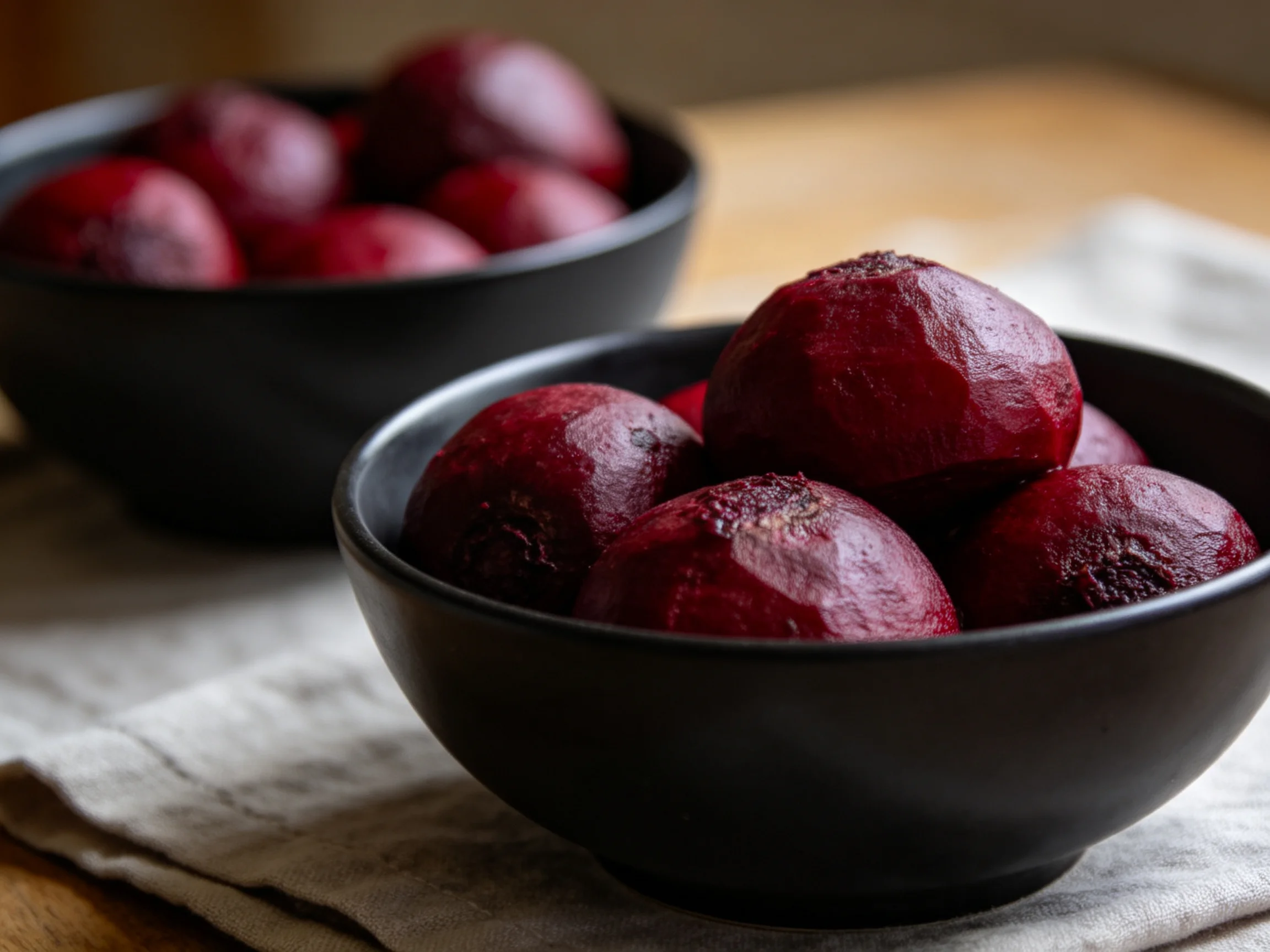 Two black bowls with glossy deep red beets, one in focus, one blurred