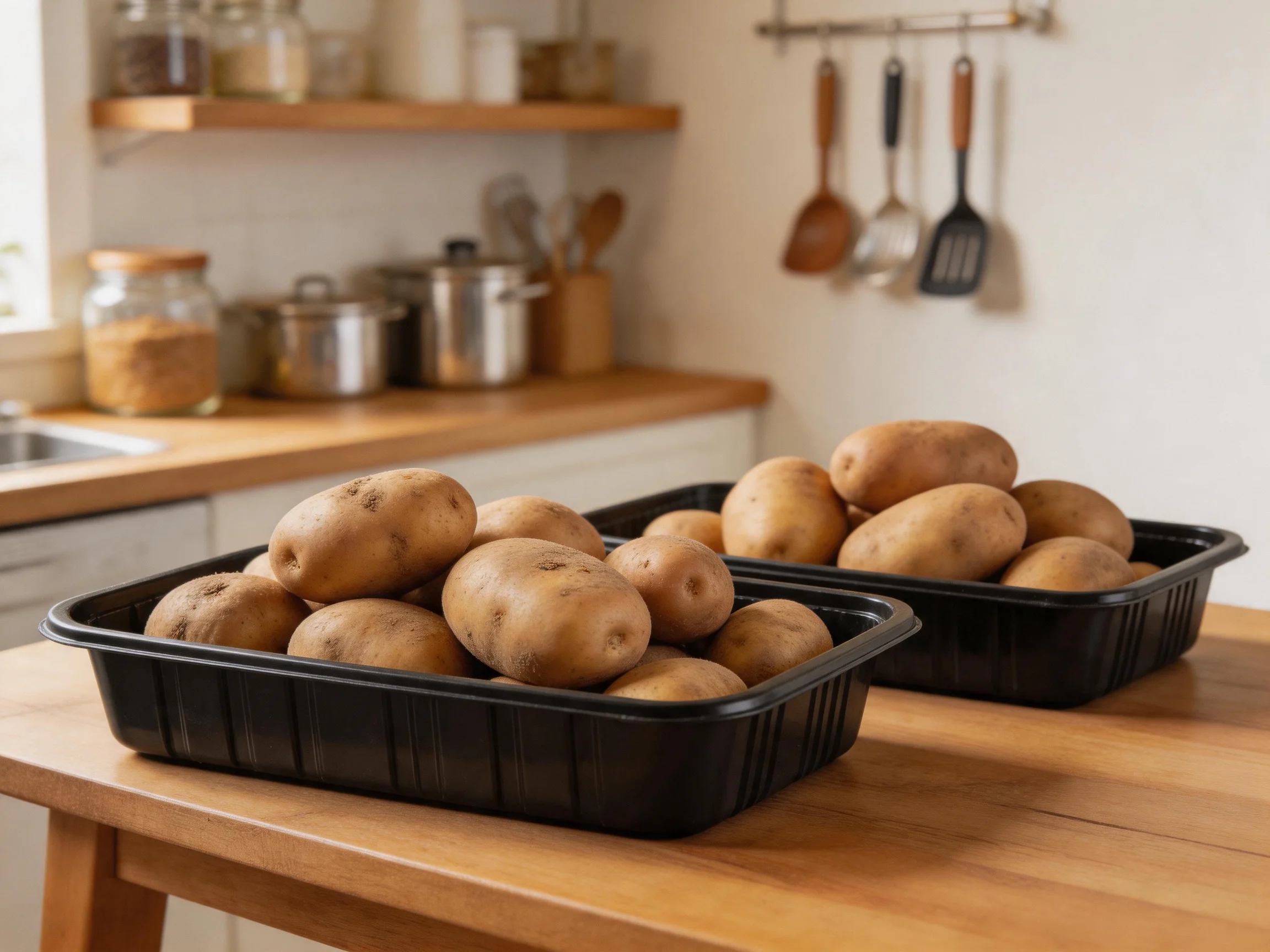 Two black plastic trays hold numerous brown potatoes on a wooden kitchen counter.