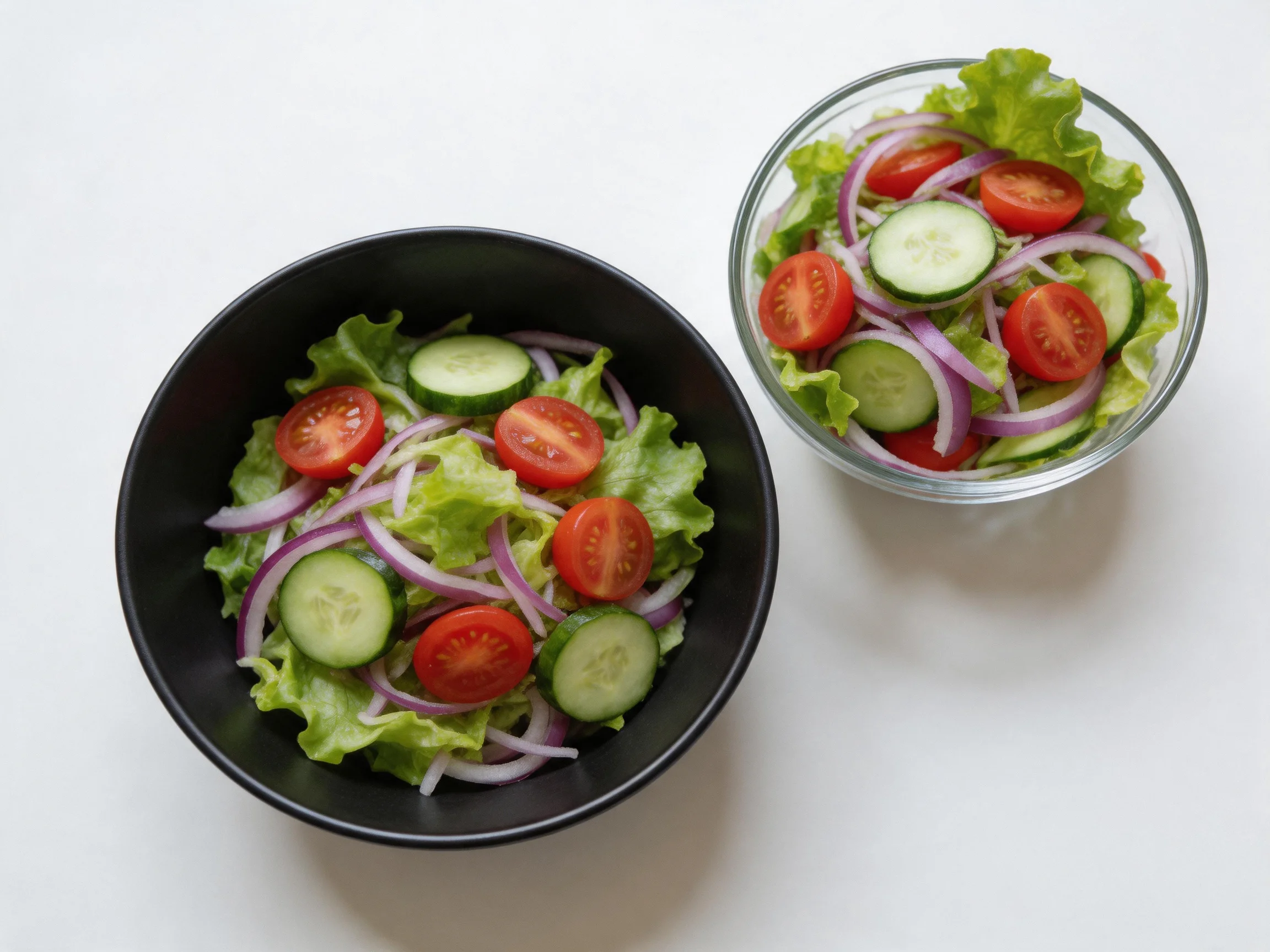 Two bowls filled with fresh lettuce, cherry tomatoes, cucumber slices, and red onion