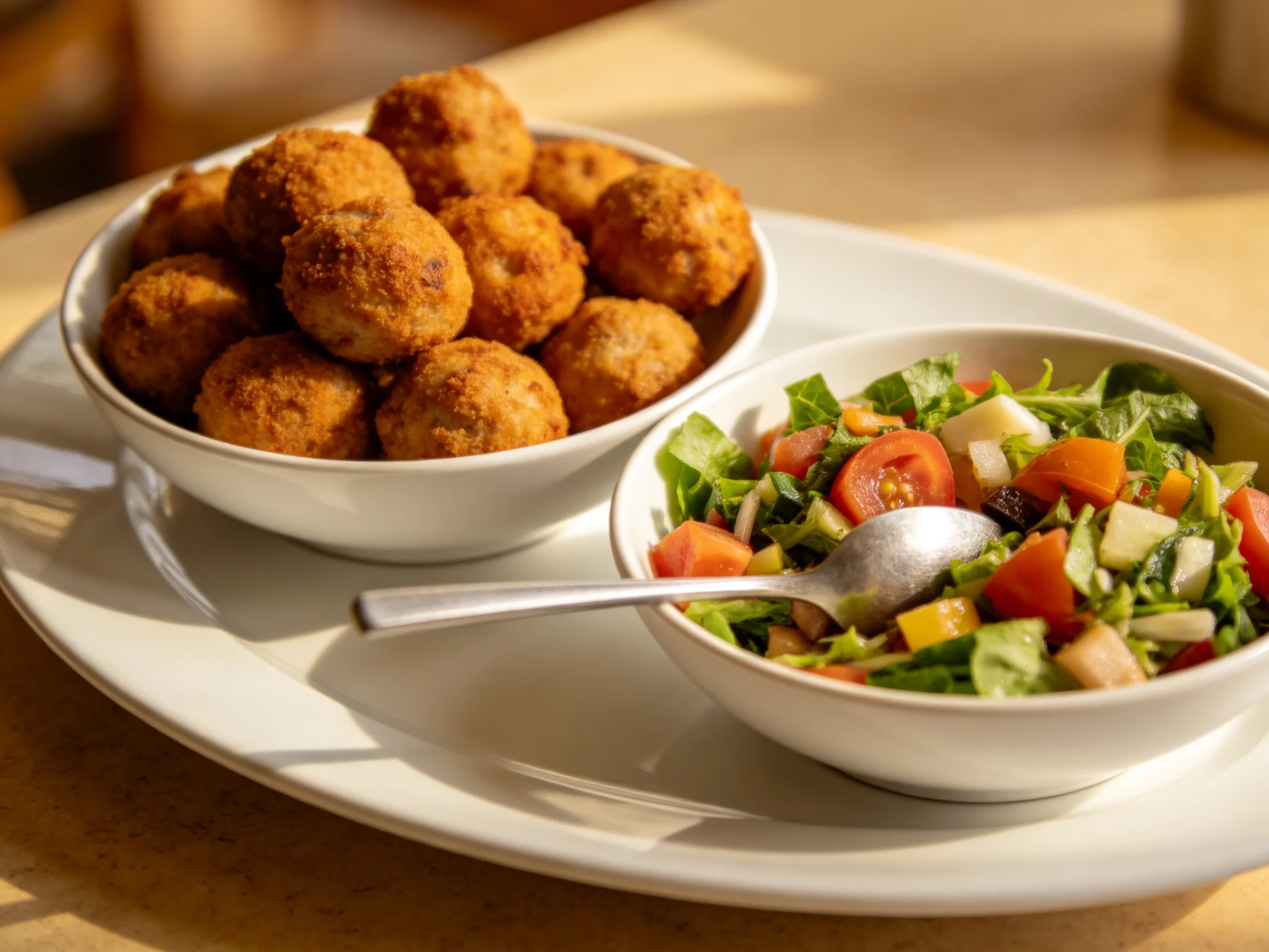 Two bowls hold golden-brown fried balls and colorful mixed salad on a white platter