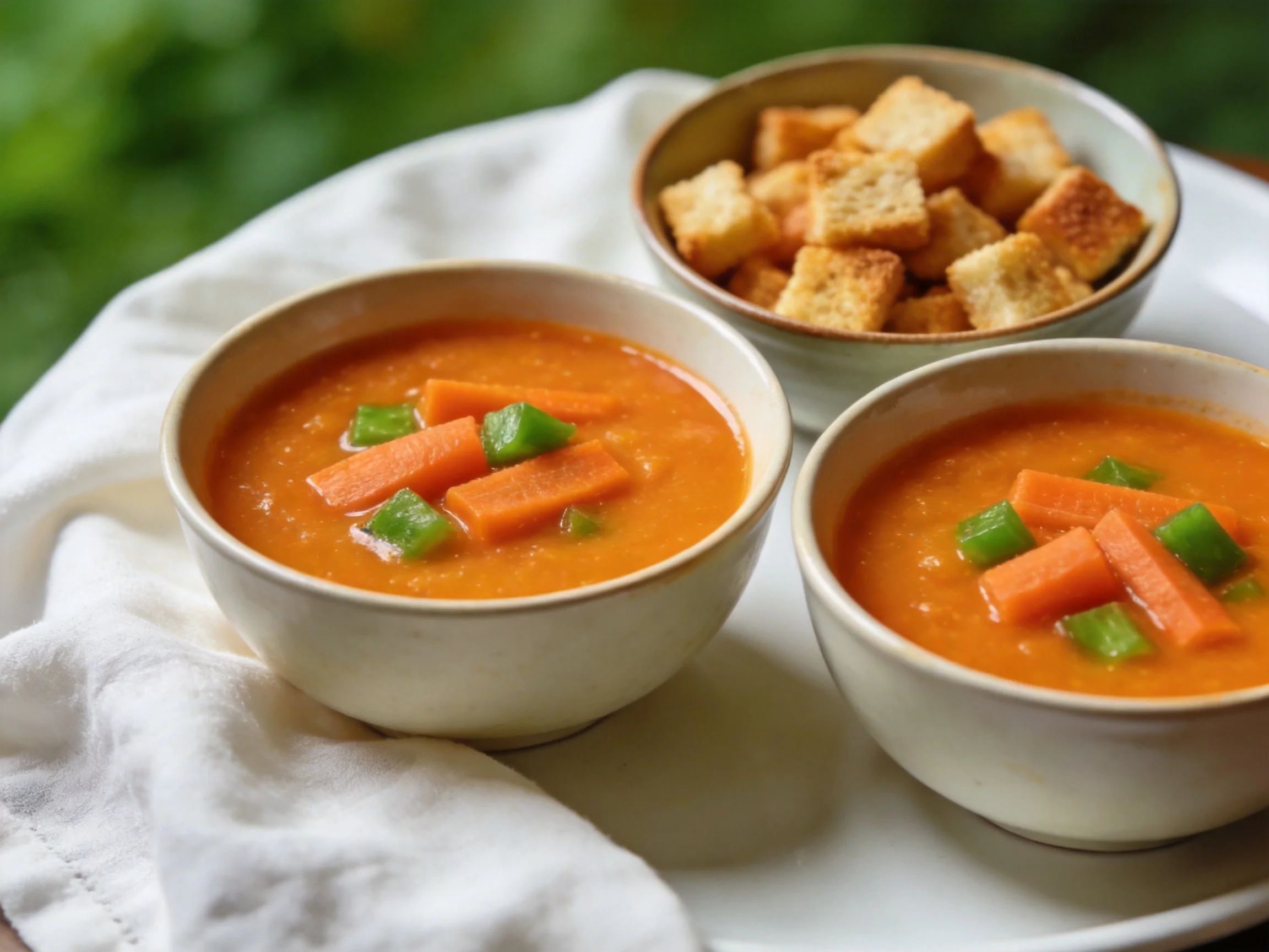 Two bowls of creamy orange soup with crouton side