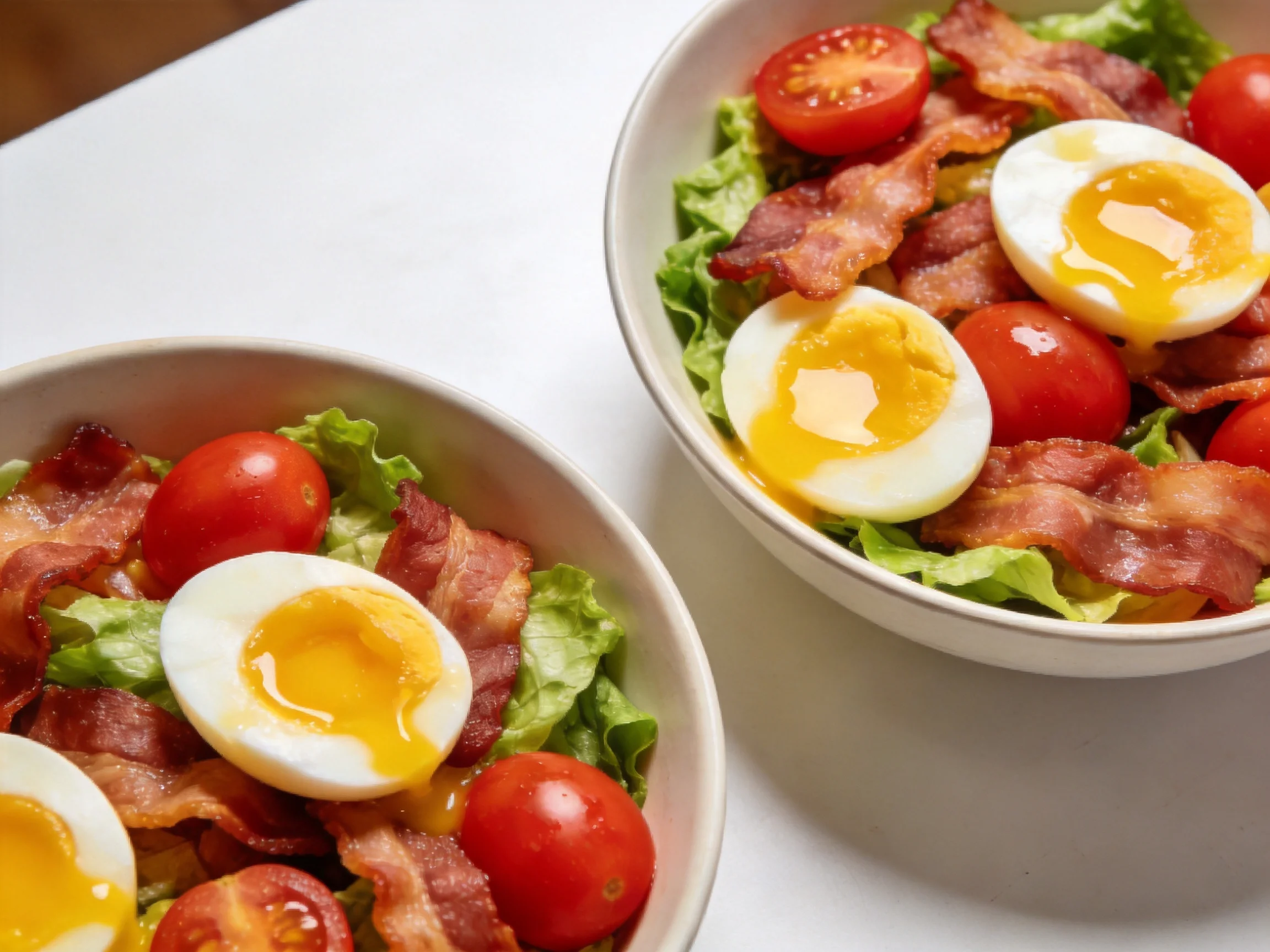 Two bowls of fresh salad with bacon, cherry tomatoes, and soft-cooked eggs