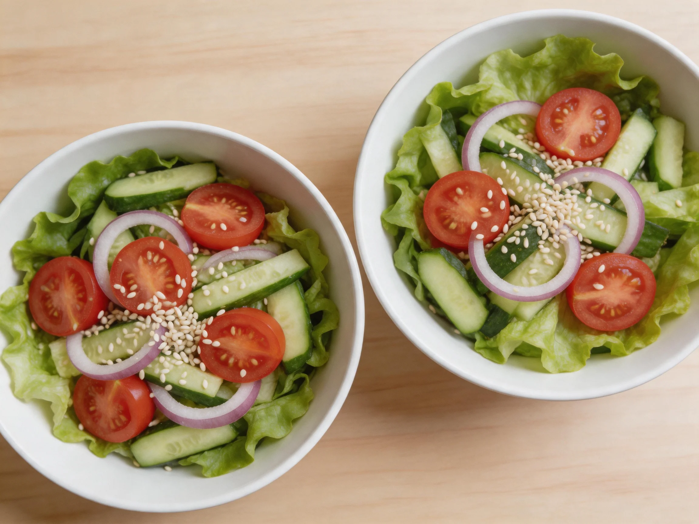 Two bowls of fresh salad with tomatoes, cucumbers, onions, and sesame seeds