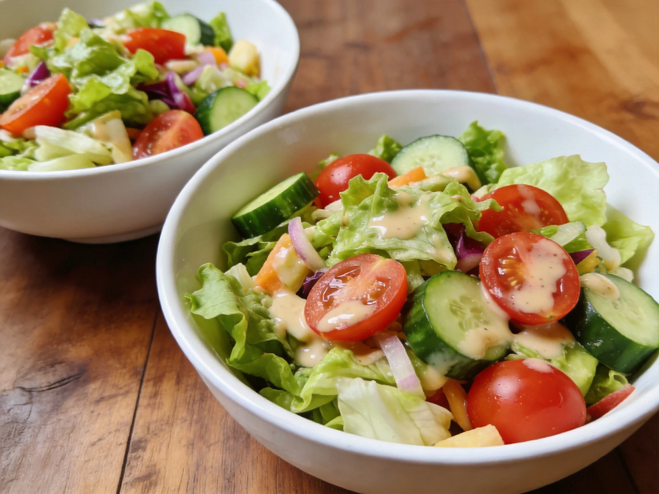 Two bowls of fresh vegetable salad with dressing on wooden table