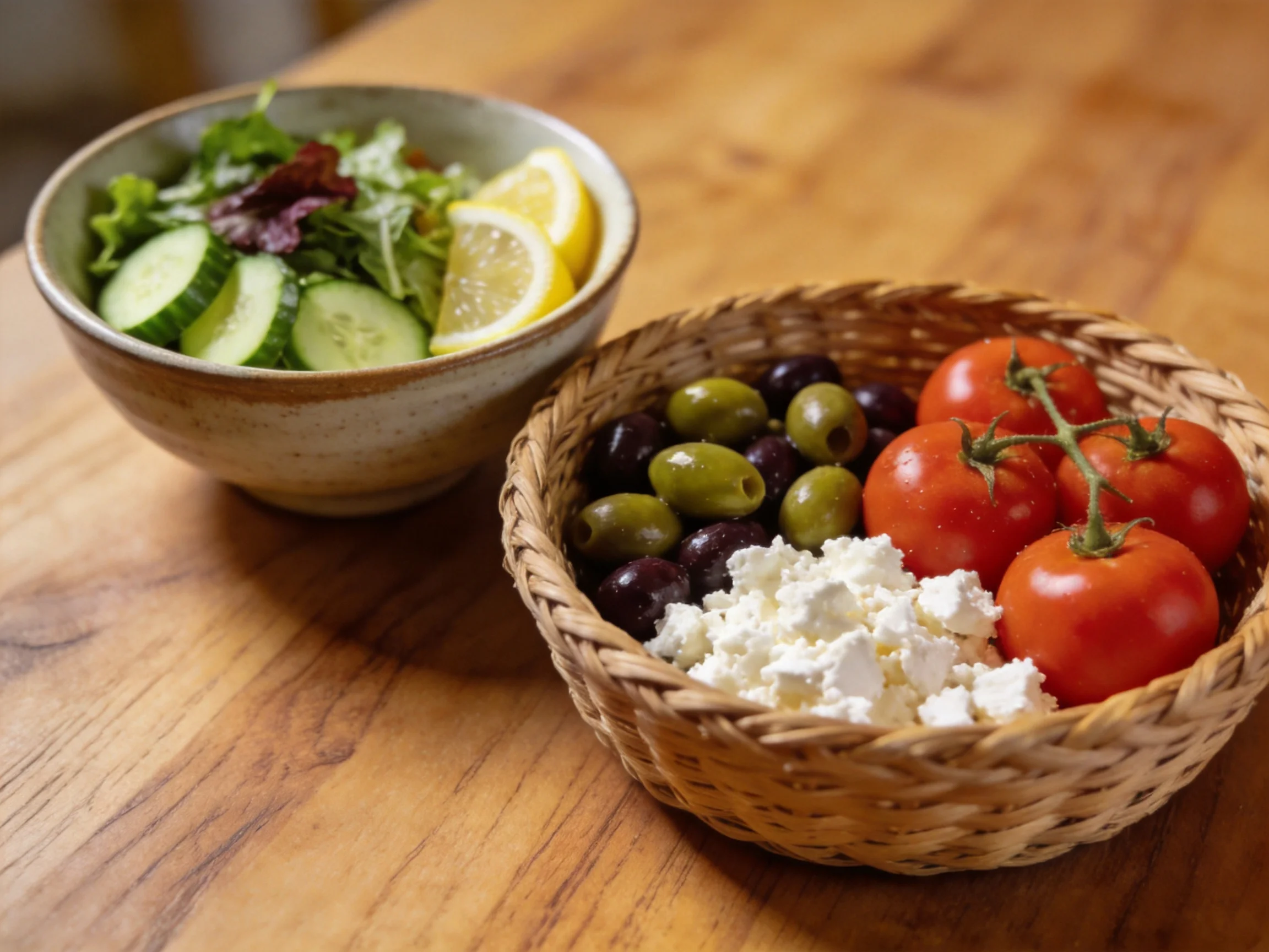 Two bowls of fresh vegetables and cheese on a wooden surface