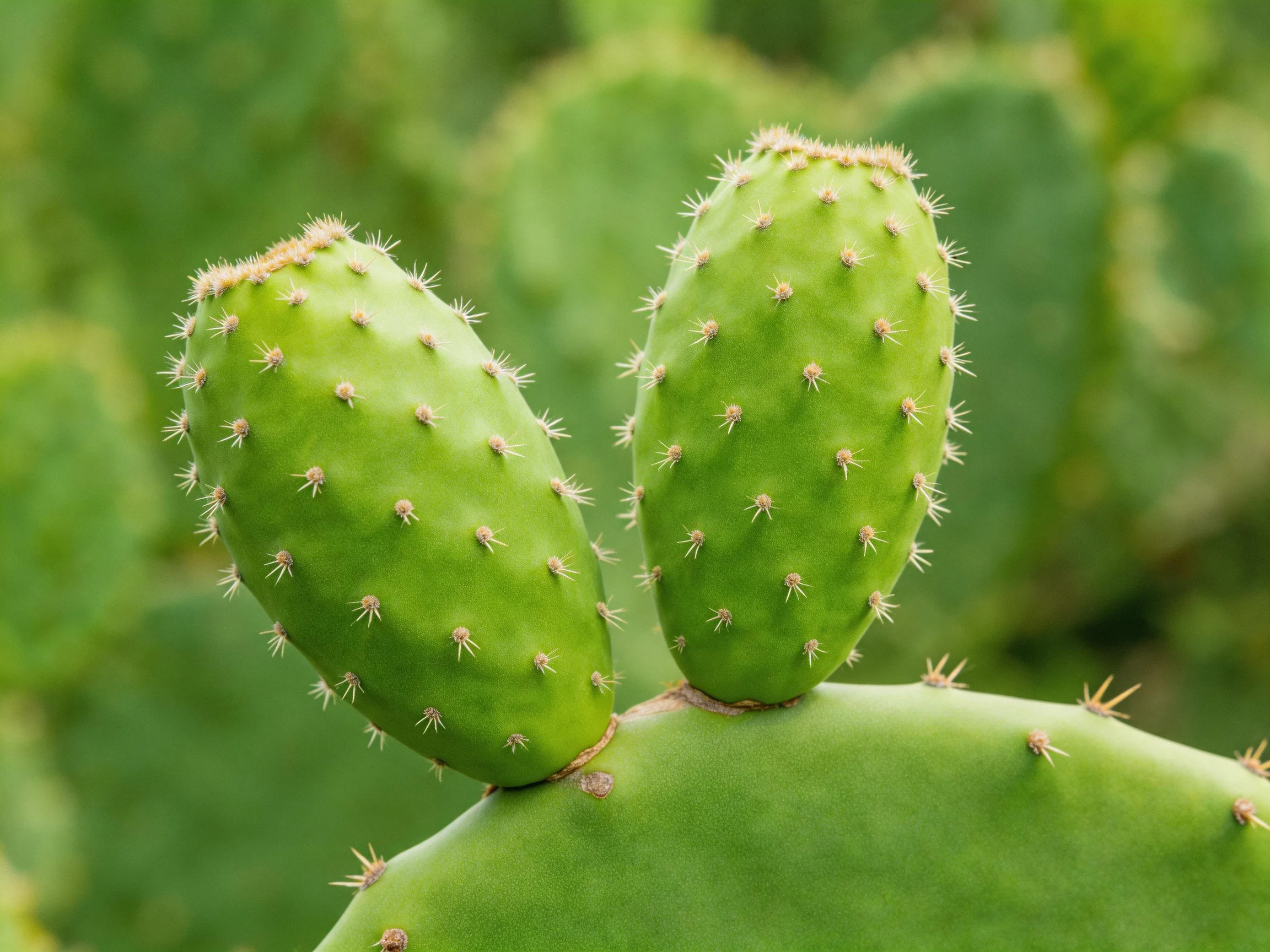 Two bright green cactus pads with spines, set against blurred green background