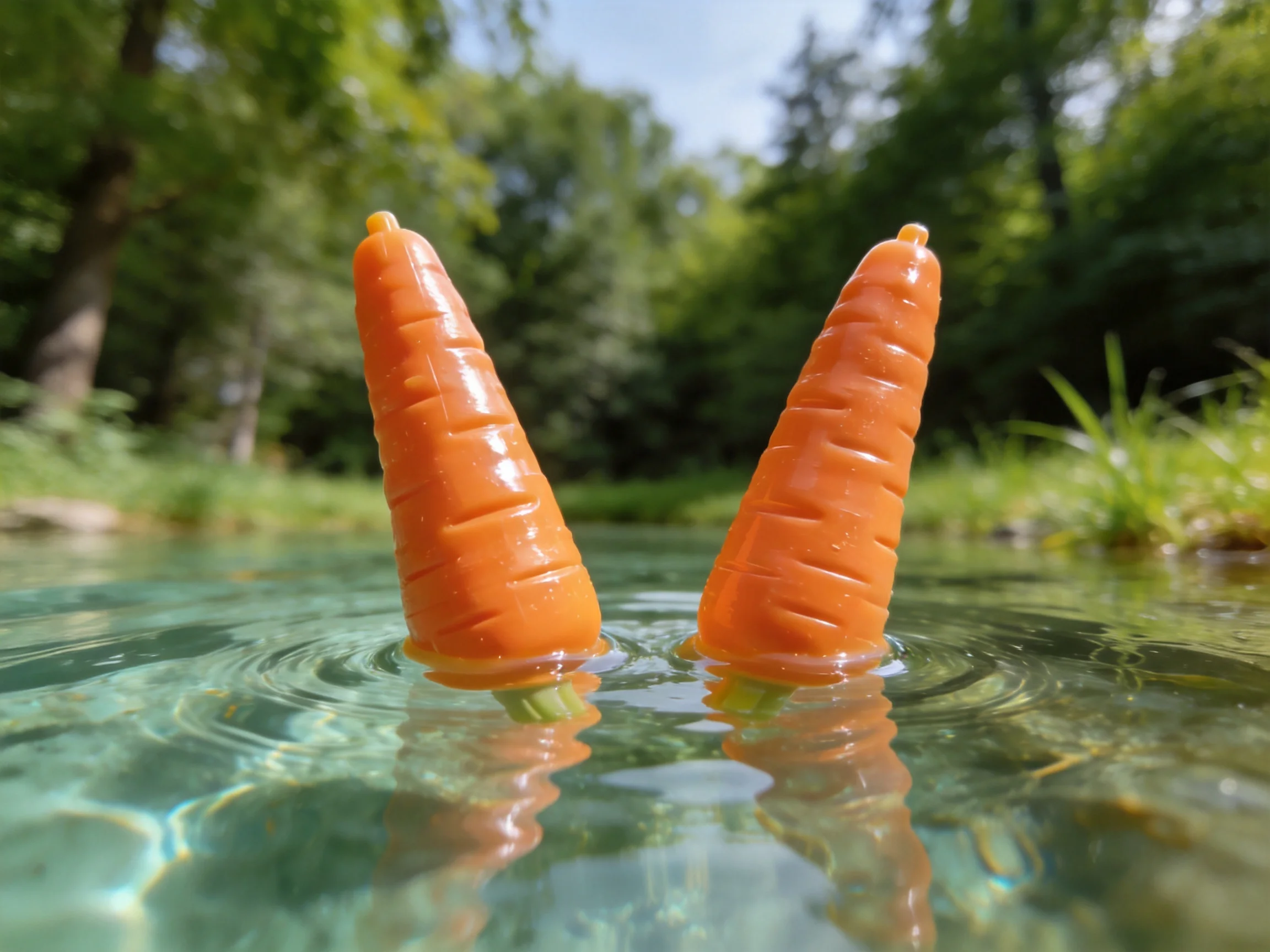 Two bright orange carrot - shaped toys float in clear stream water near lush greenery