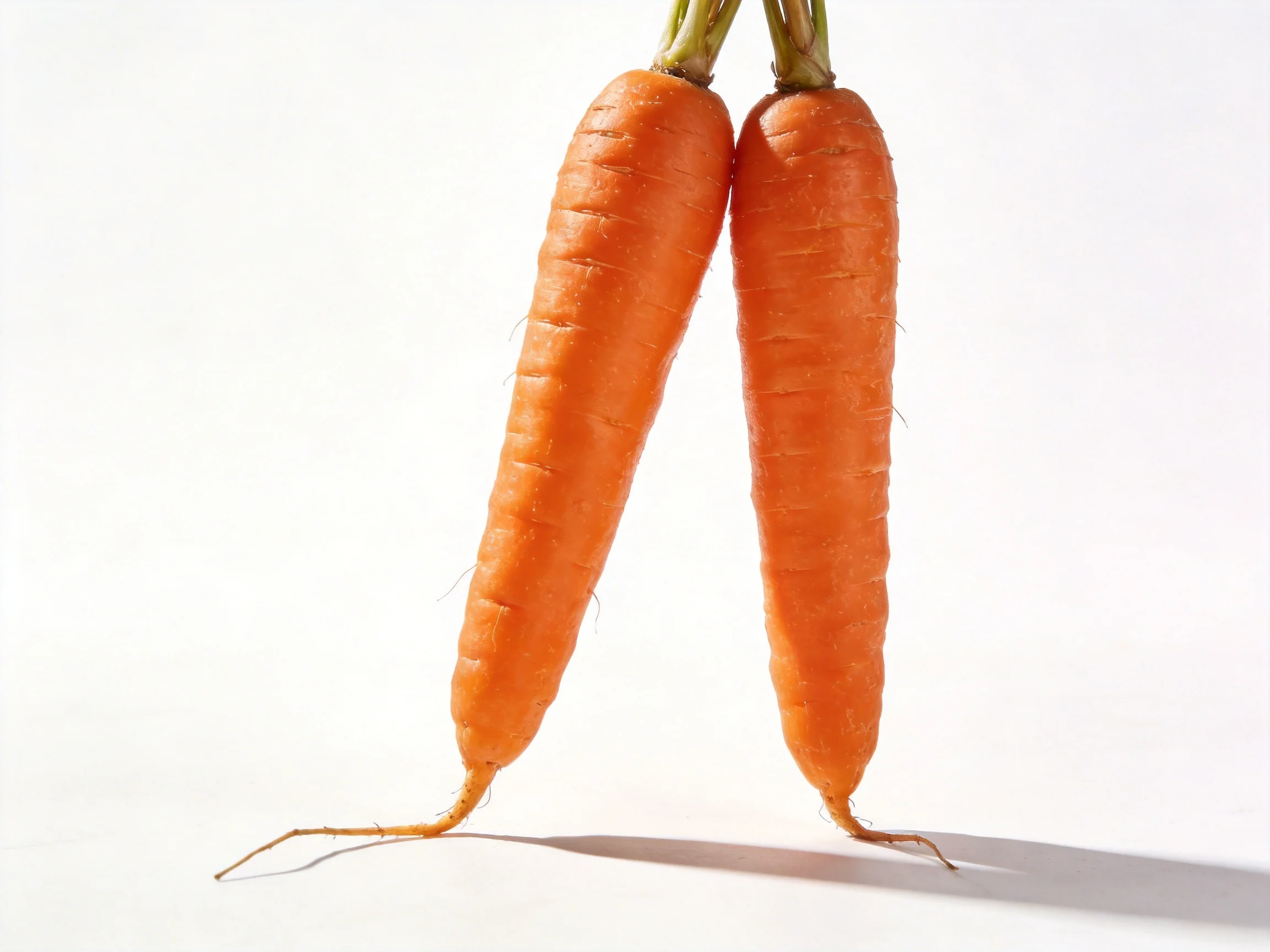 Two bright orange carrots with green tops on a white surface