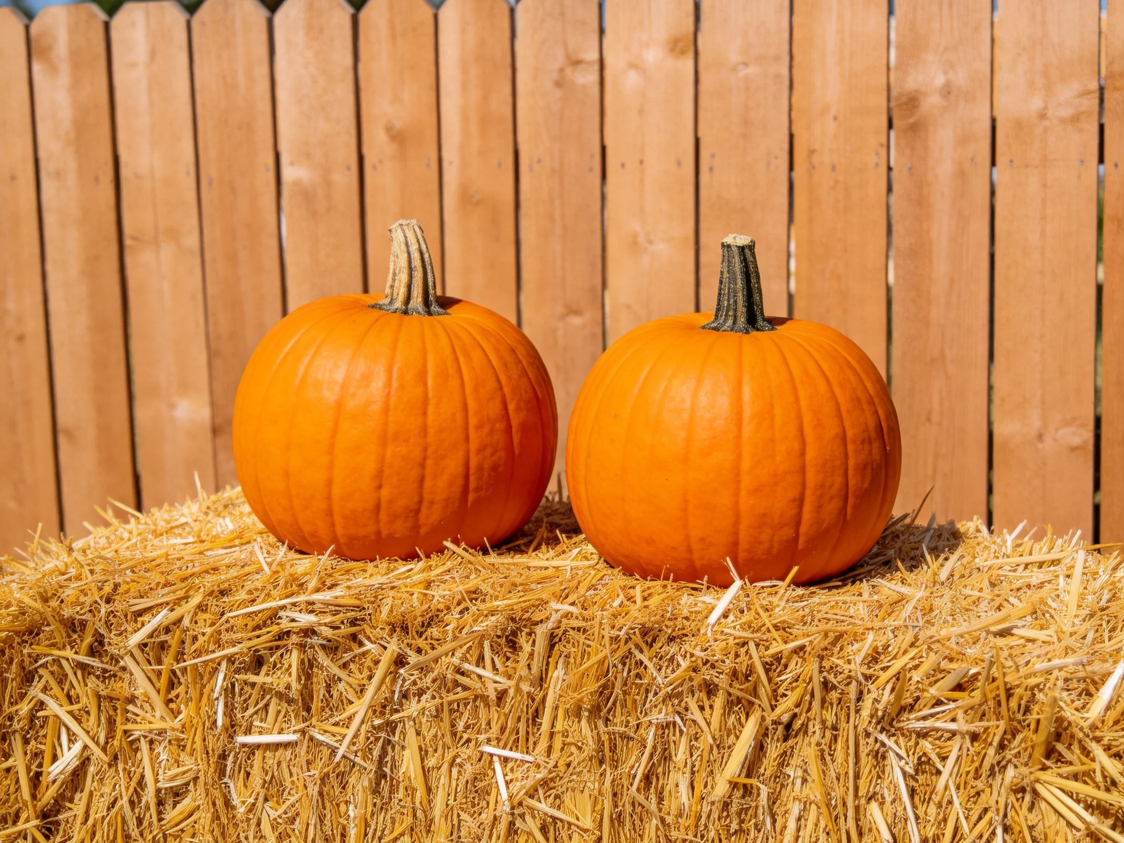 Two bright orange pumpkins sit on a golden straw bale by a wooden fence