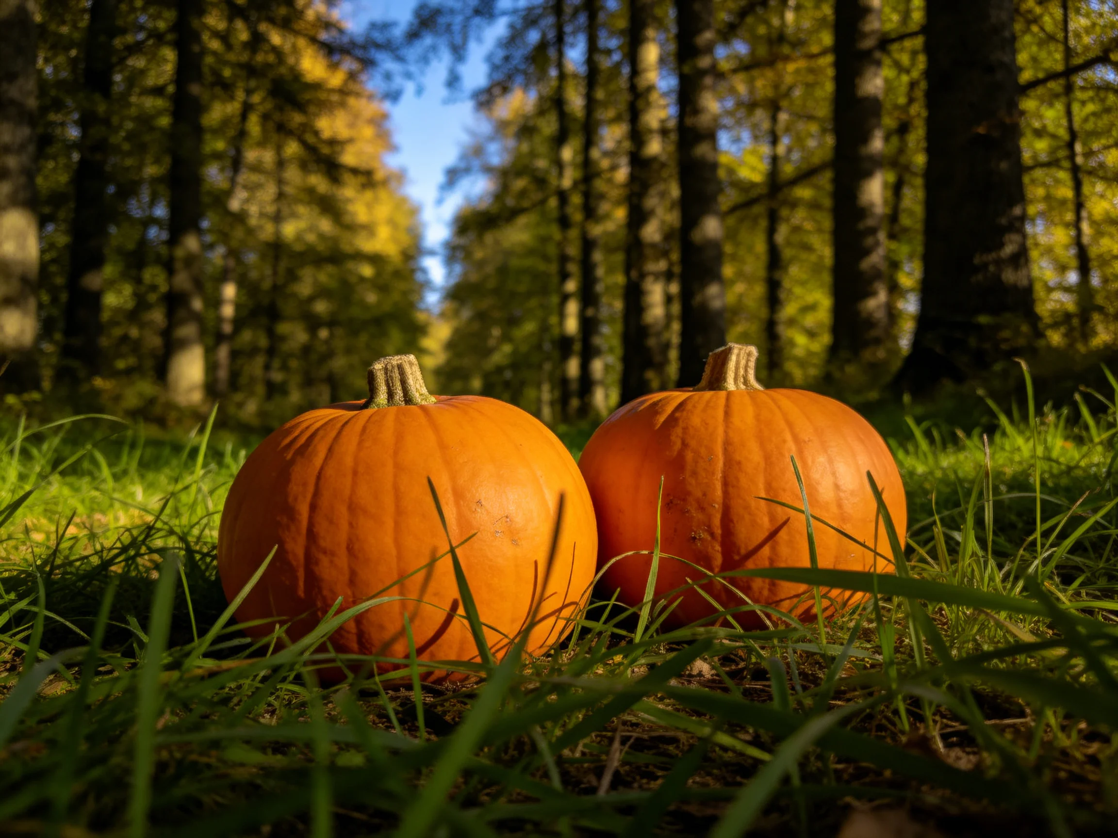 Two bright orange pumpkins sit on green grass in a sun-dappled forest