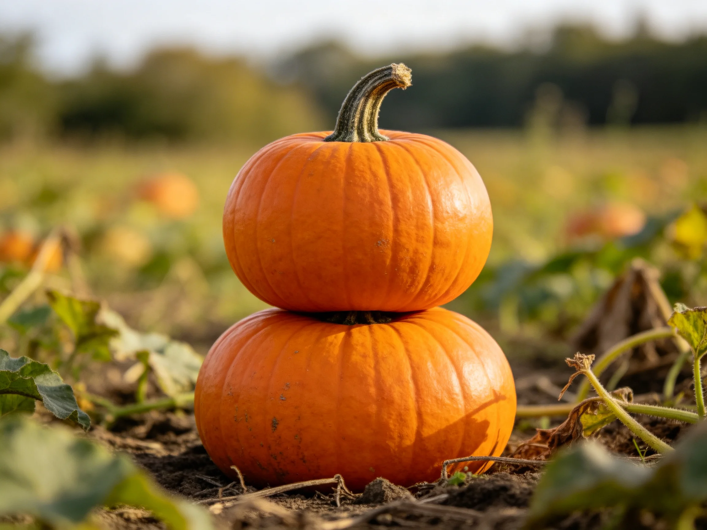 Two bright orange pumpkins stacked in a sunlit pumpkin patch