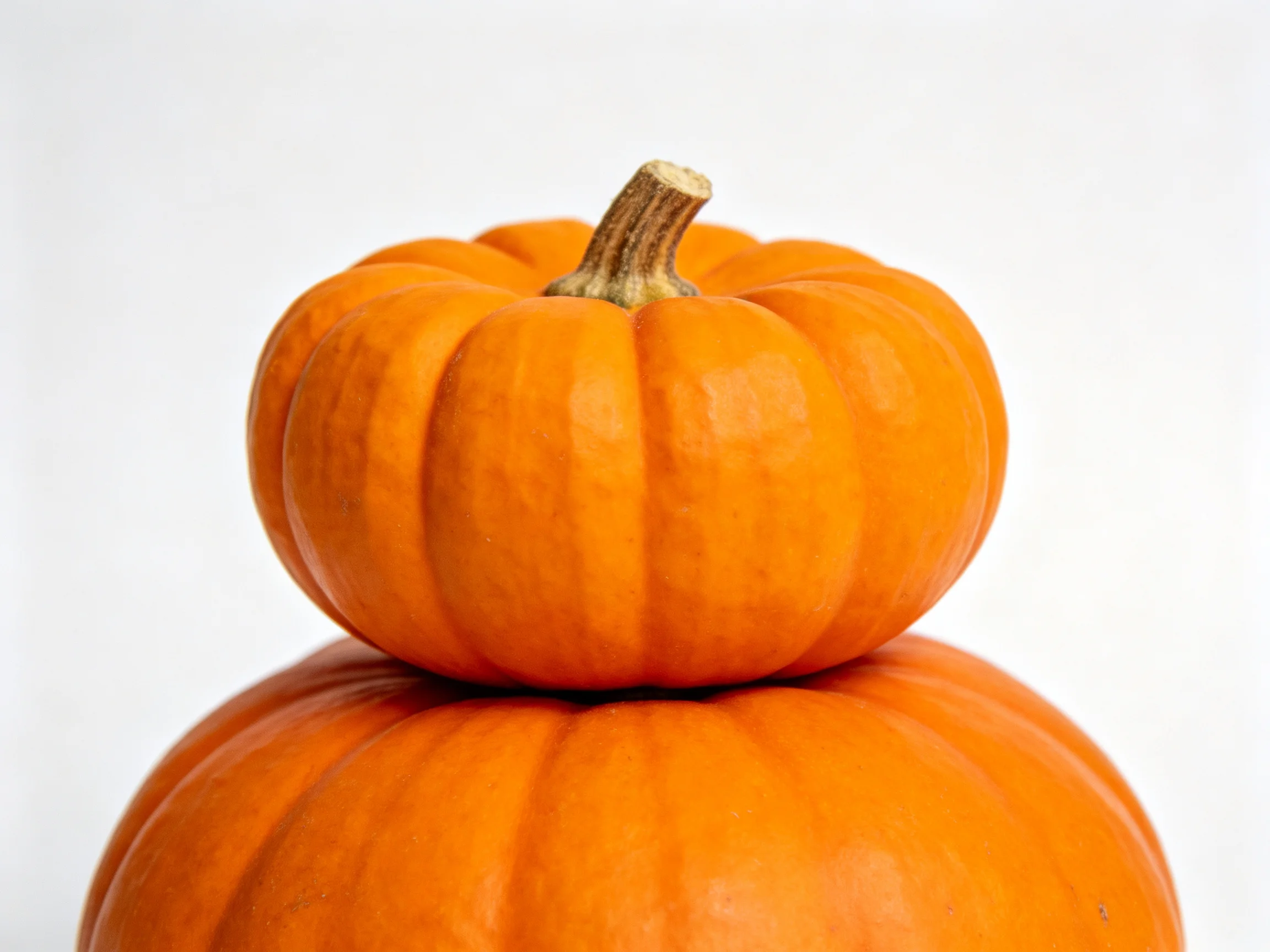 Two bright orange pumpkins stacked, small pumpkin on larger one