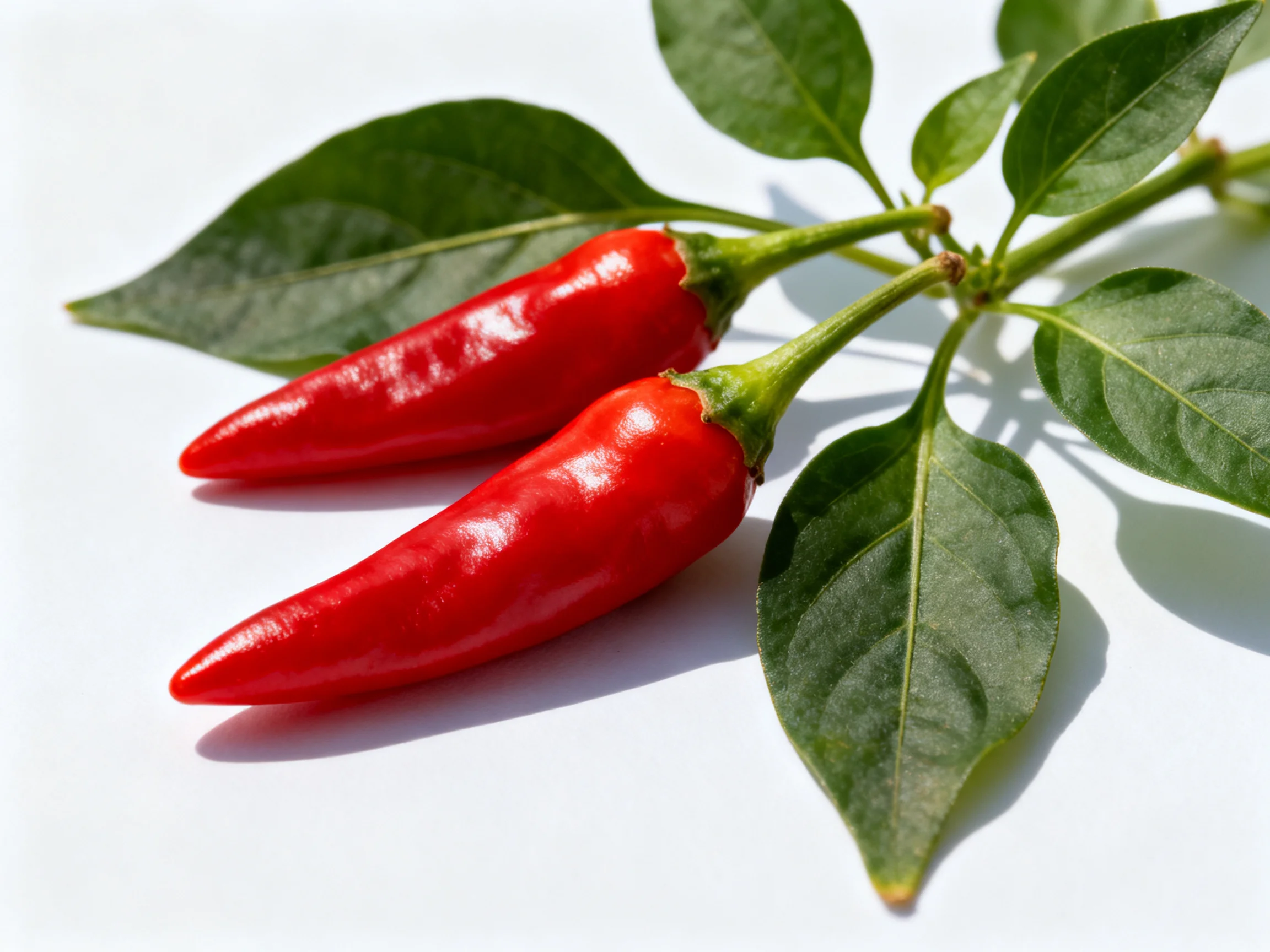 Two bright red chili peppers attached to lush green foliage