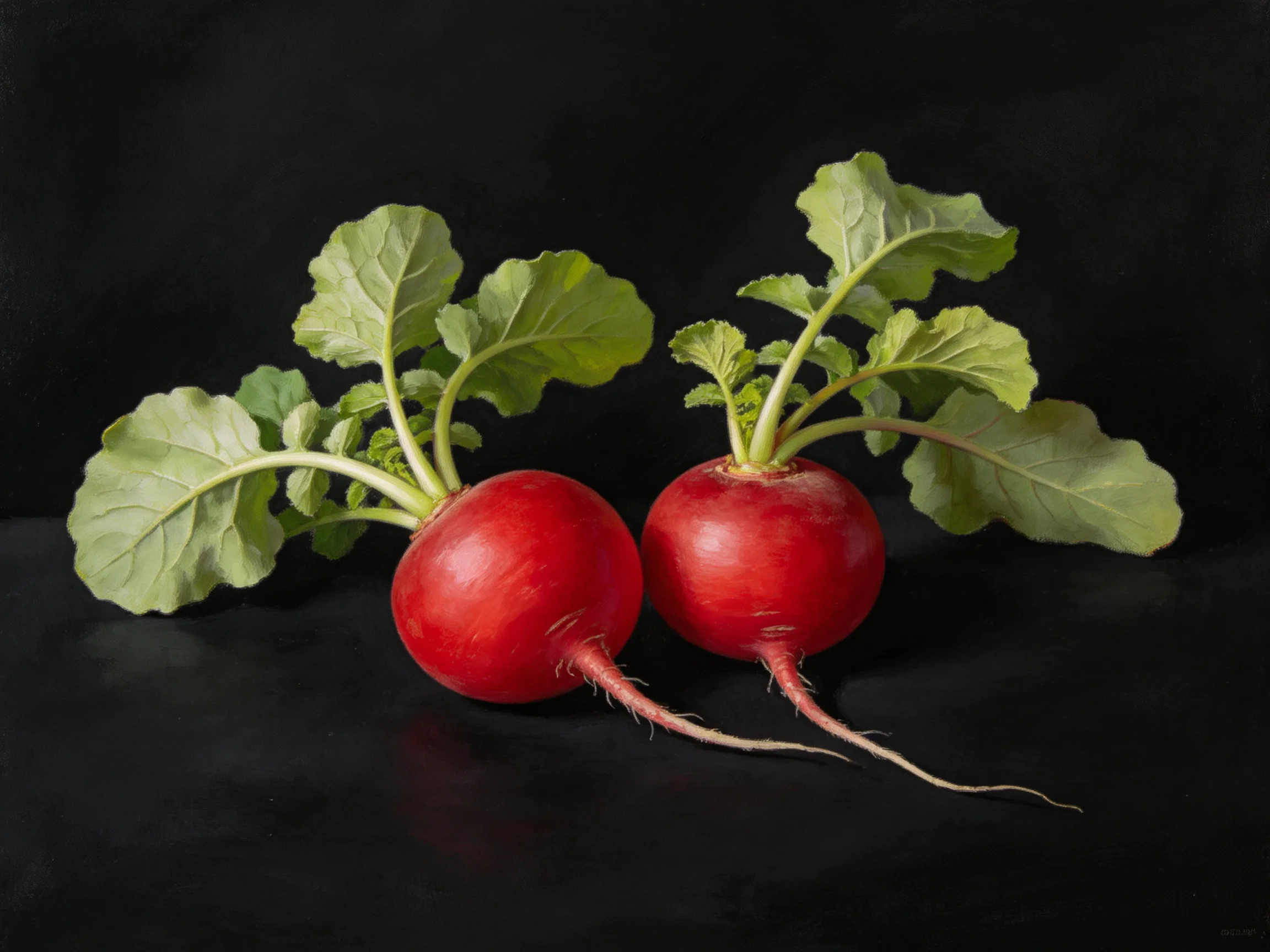 Two bright red radishes with fresh green leaves on a black surface