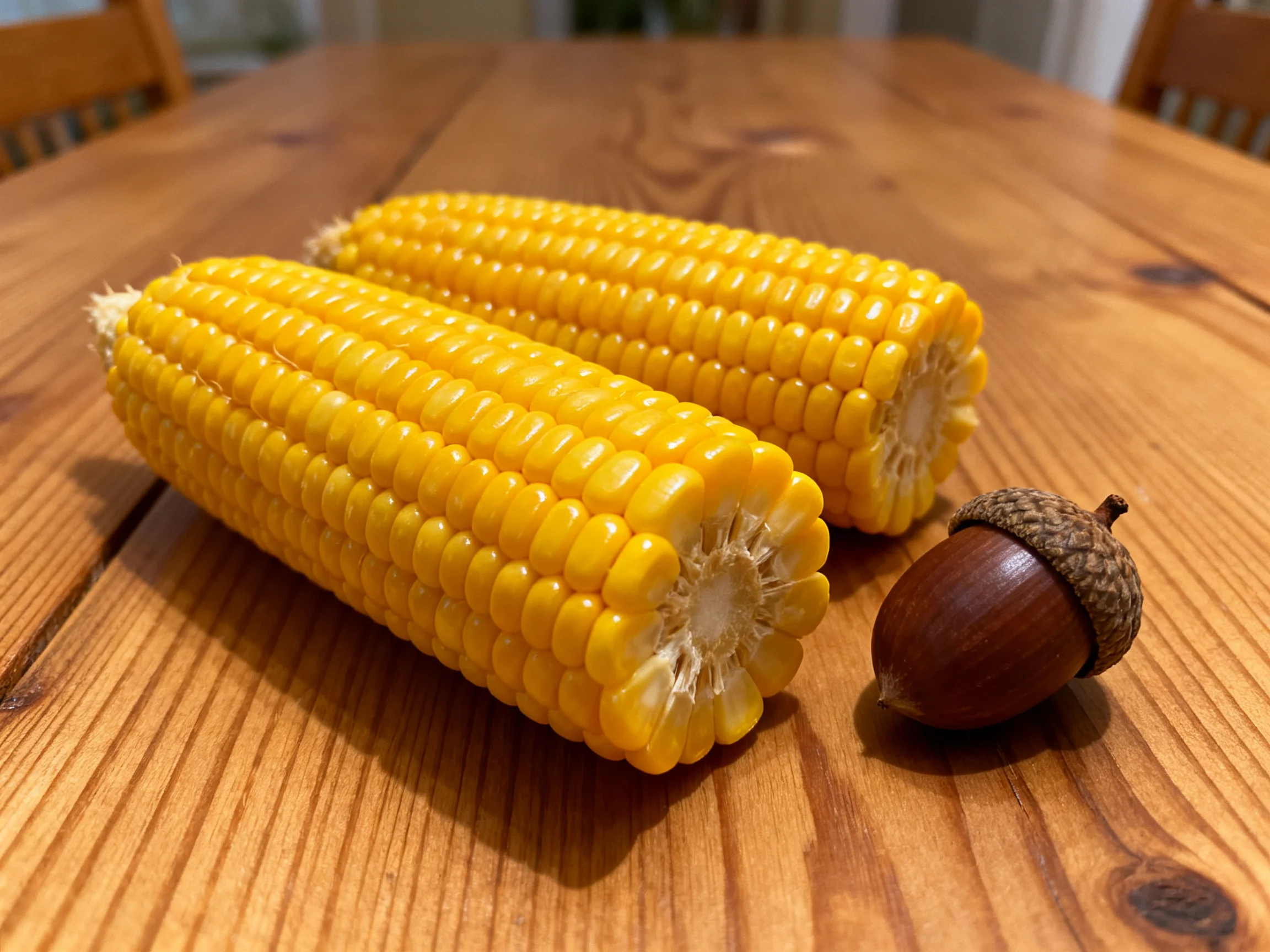 Two bright yellow corn cobs and a brown acorn rest on a polished wooden table