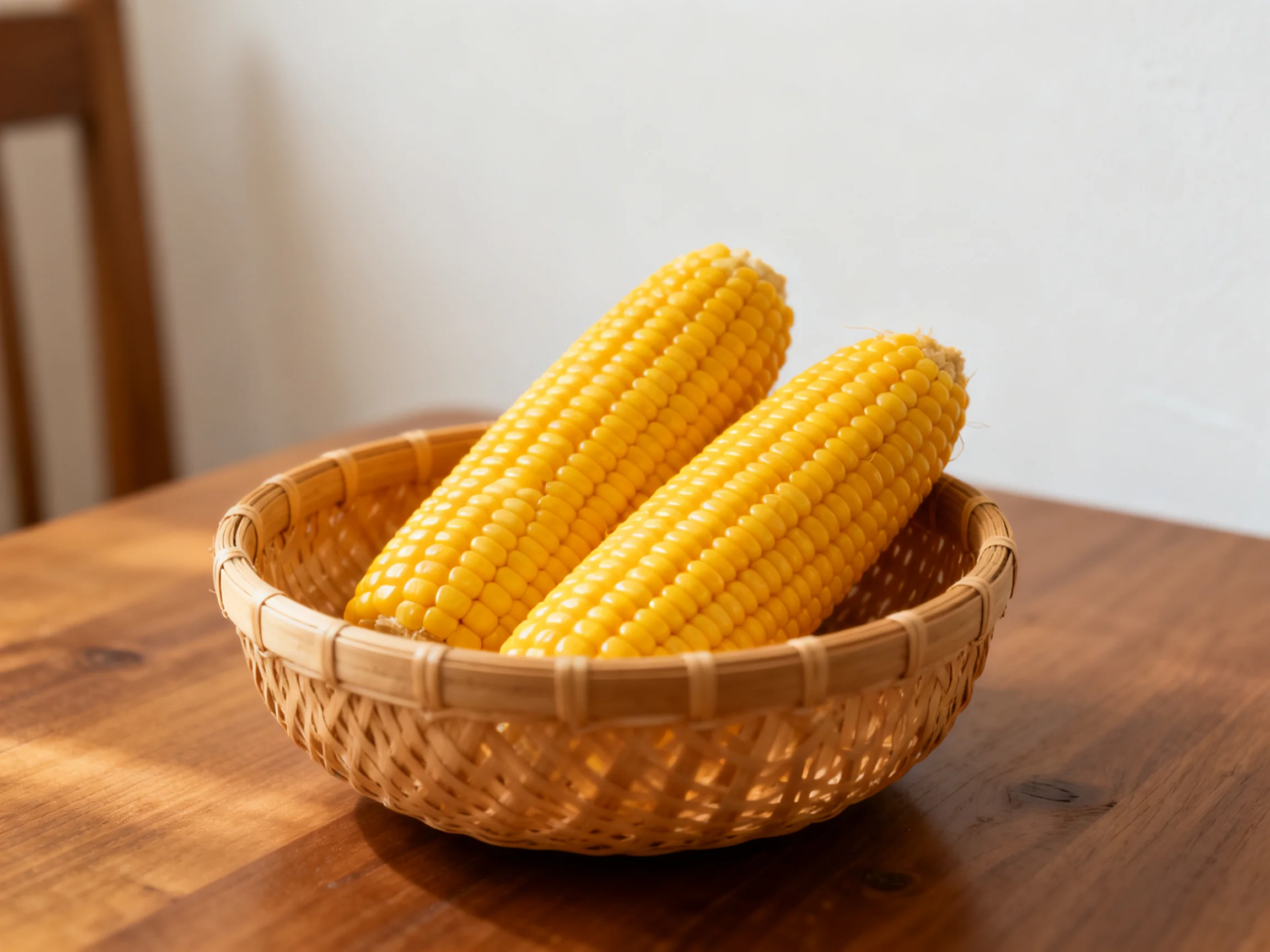 Two bright yellow corn cobs in a woven basket on a wooden table