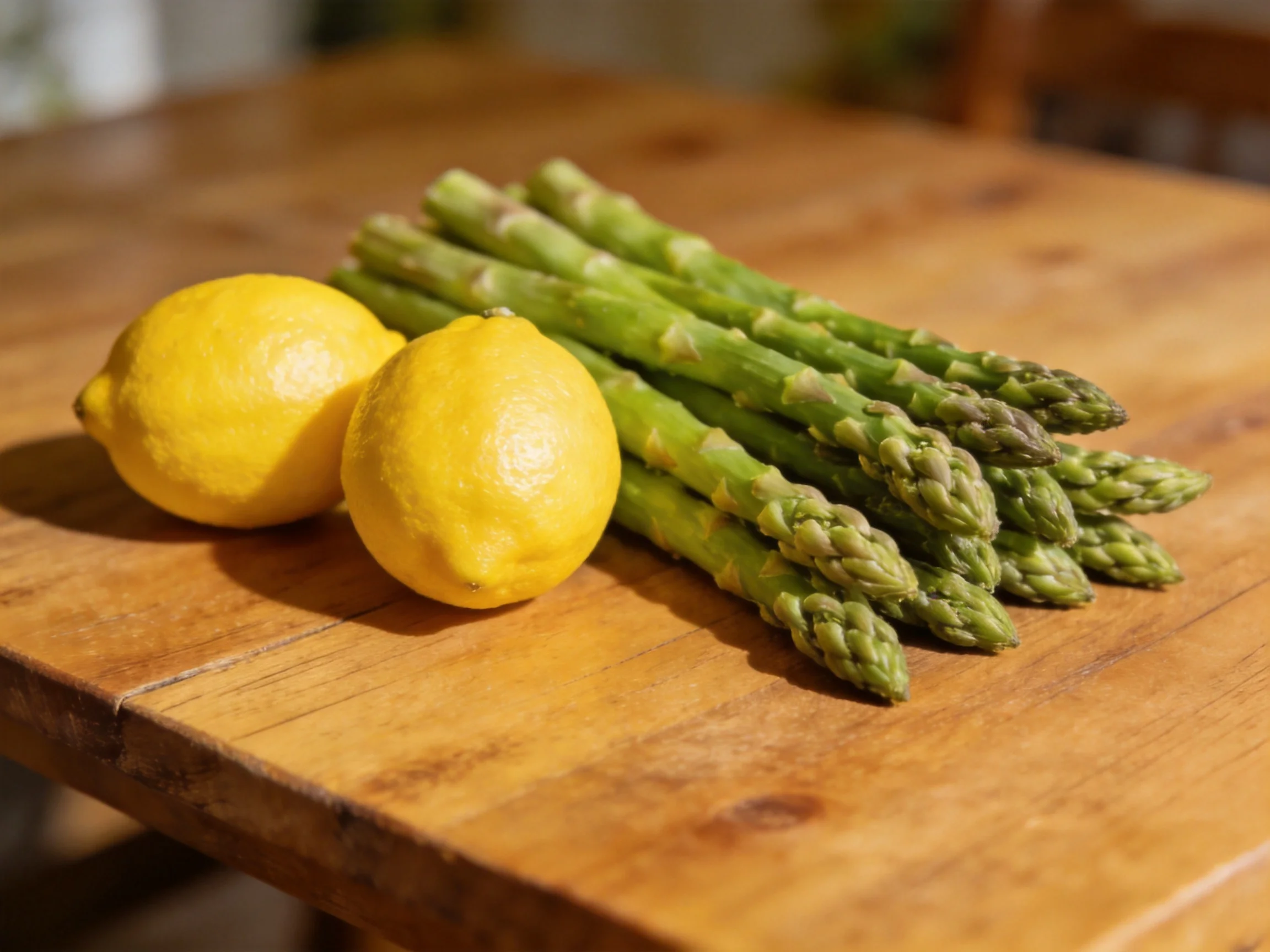 Two bright yellow lemons and fresh green asparagus on a wooden table