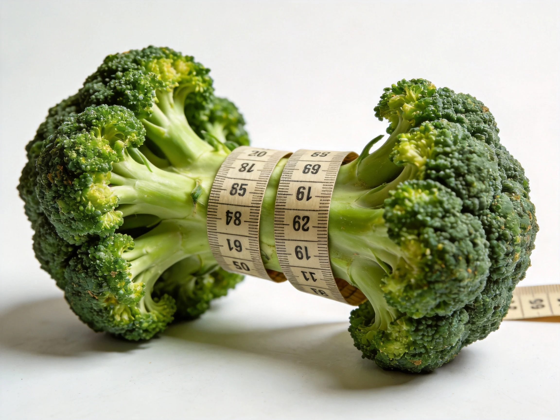 Two broccoli florets connected by a measuring tape wrapped around the stem