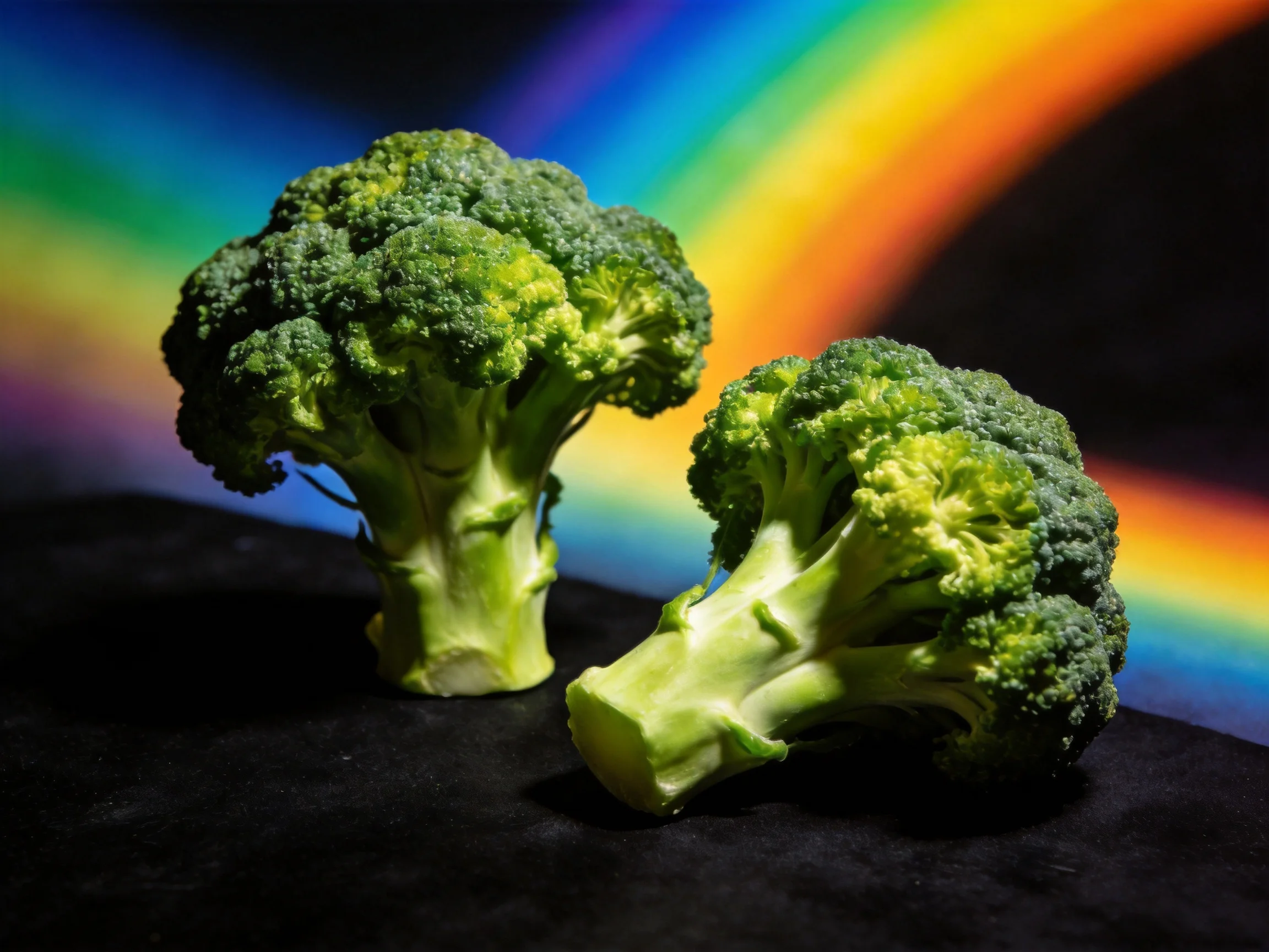 Two broccoli heads rest on a dark surface with a vivid rainbow backdrop