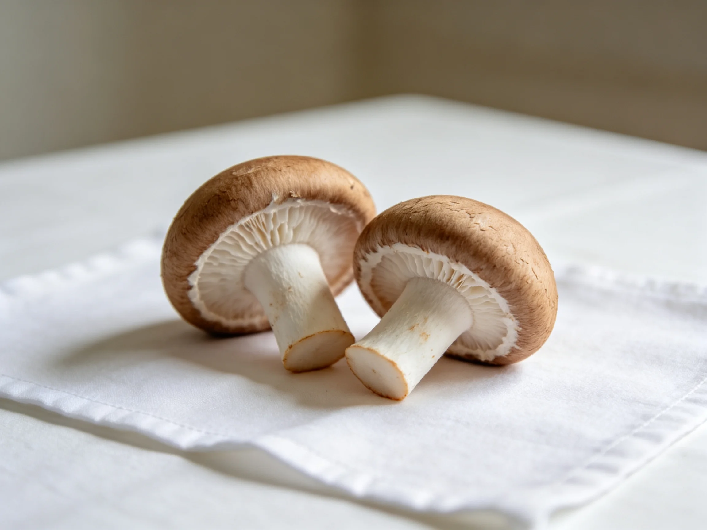 Two brown-capped mushrooms rest on a white cloth under soft light