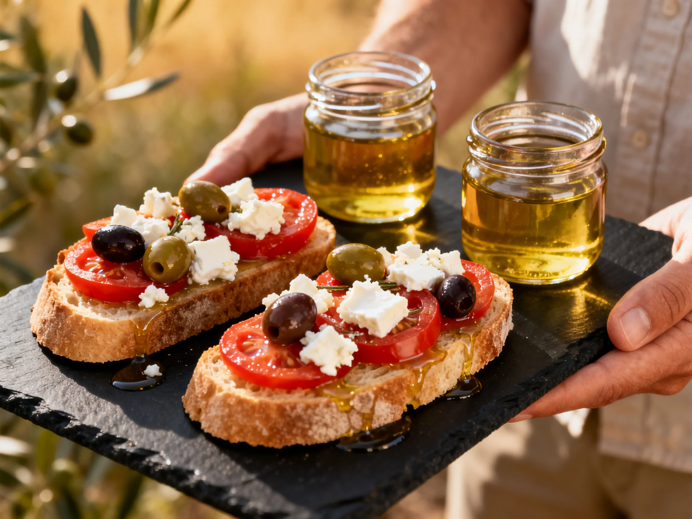 Two bruschettas with tomatoes, cheese, and olives served with olive oil