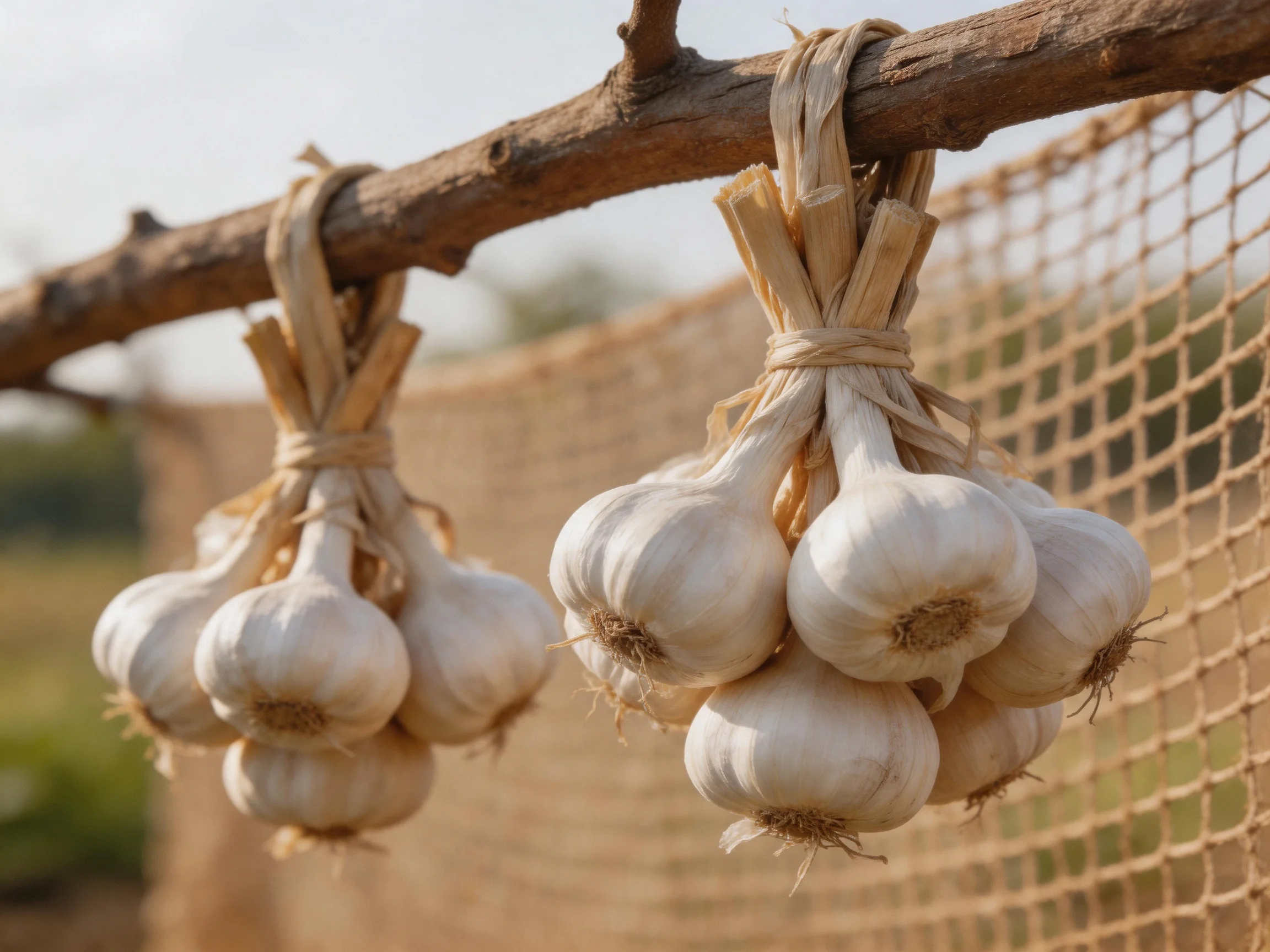 Two bundles of garlic hang from a wooden branch near a mesh fence.