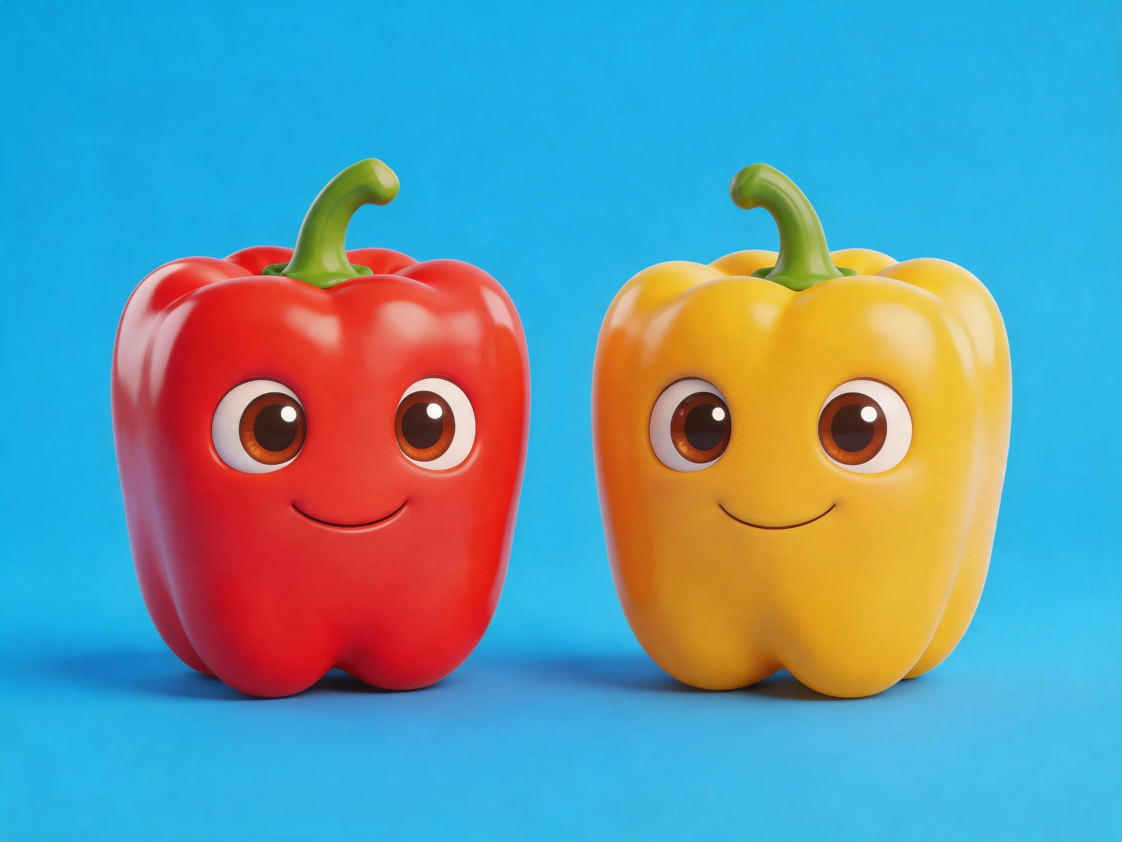 Two cartoon bell peppers, red and yellow, on a solid blue background.