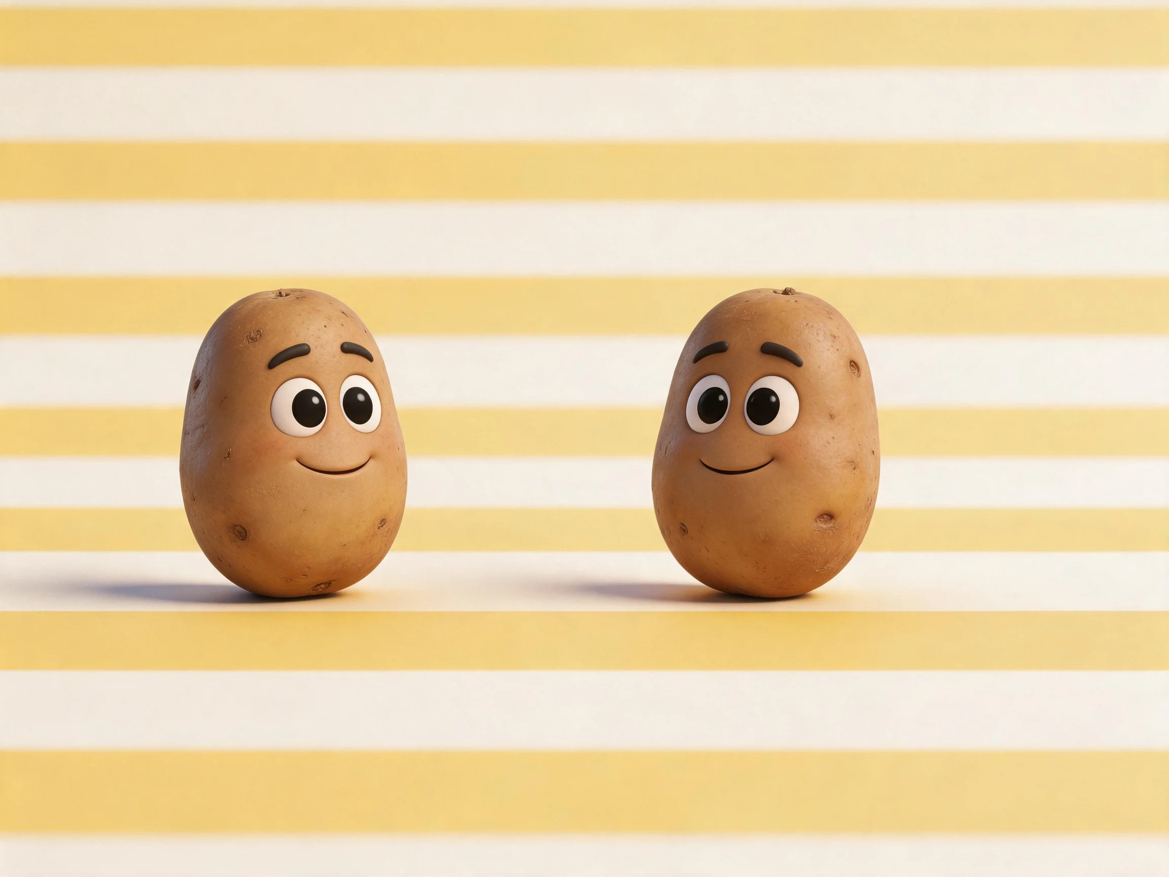 Two cartoonish brown potatoes with smiling faces on alternating yellow and white stripes
