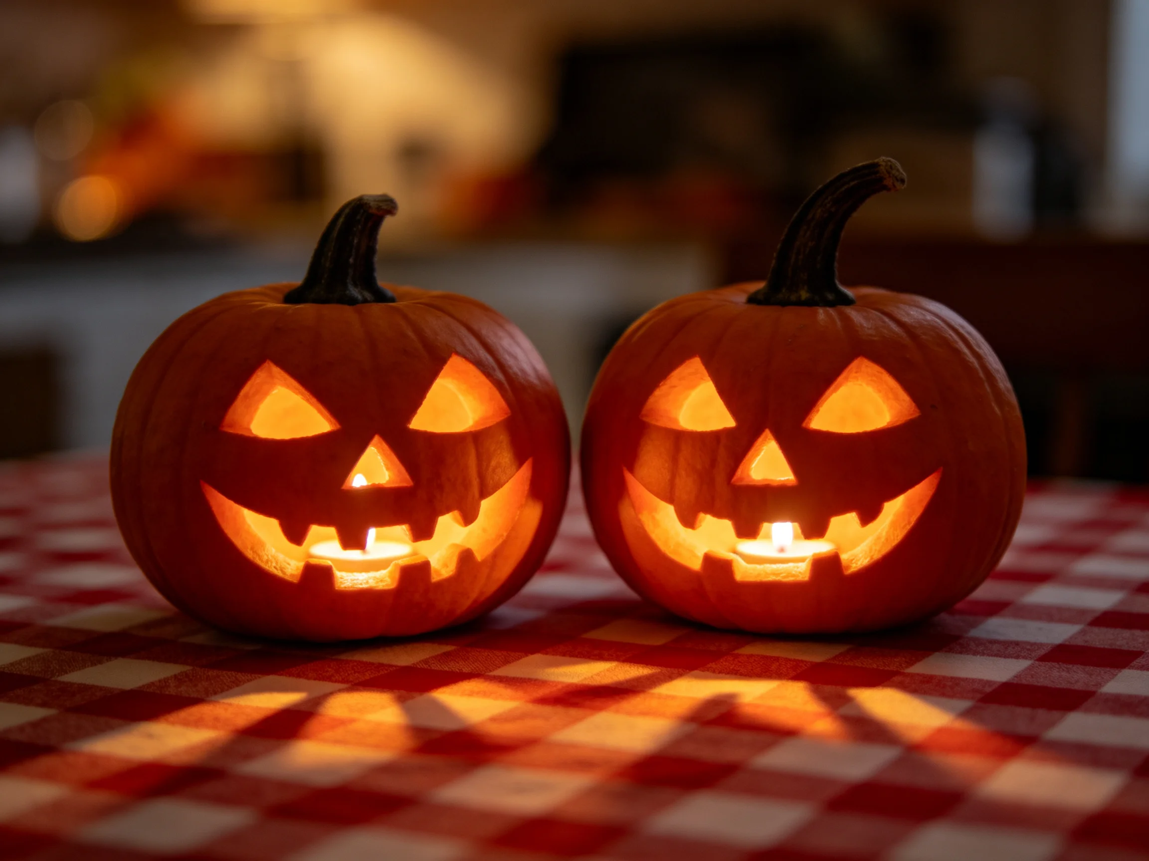 Two carved jack - o - lanterns sit on a red checkered tablecloth