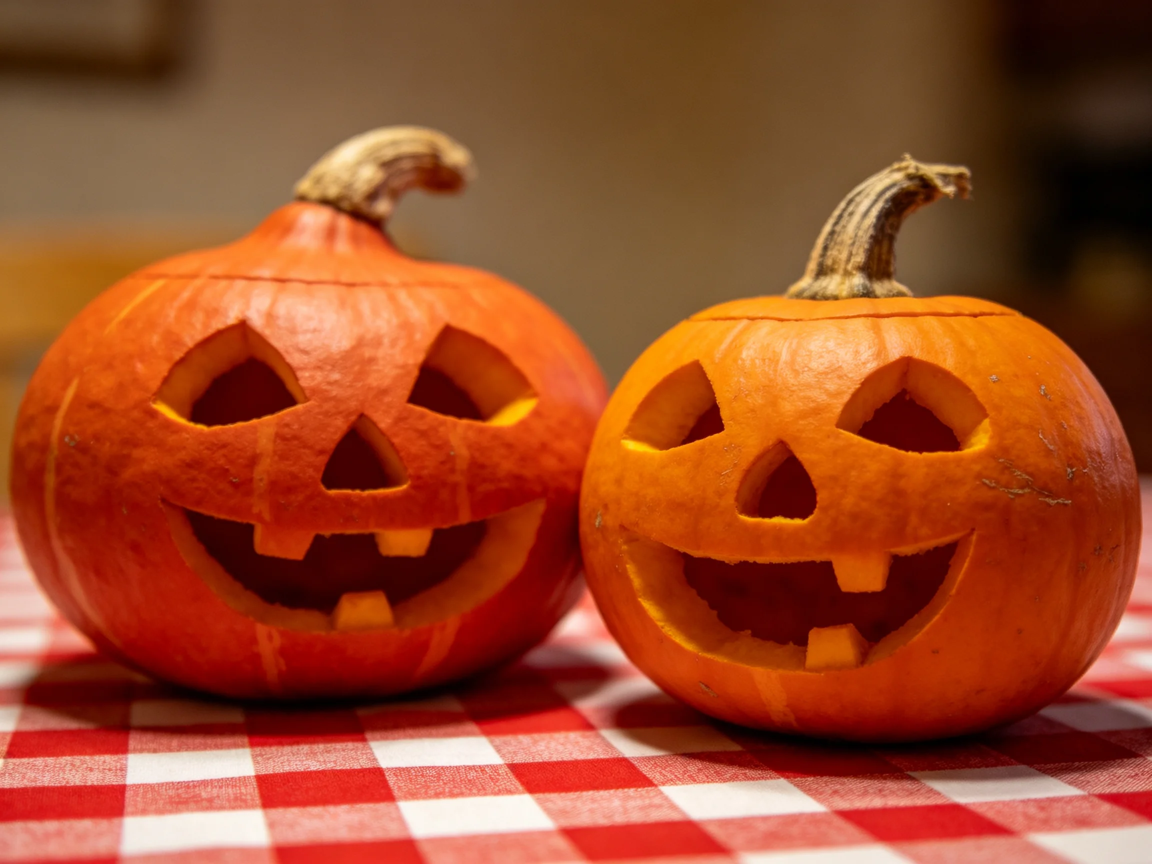 Two carved orange jack - o - lanterns on a red - white checkered cloth