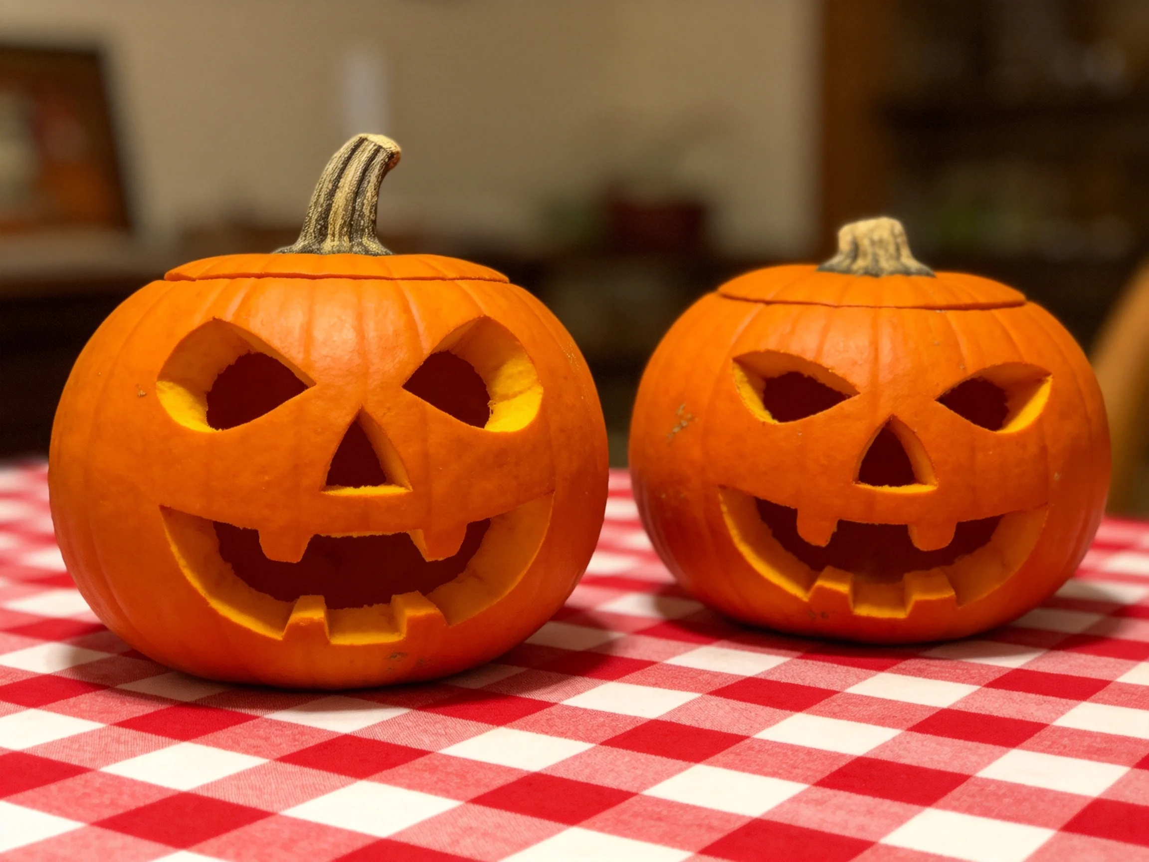 Two carved orange jack - o’ - lanterns sit on a red and white checkered tablecloth