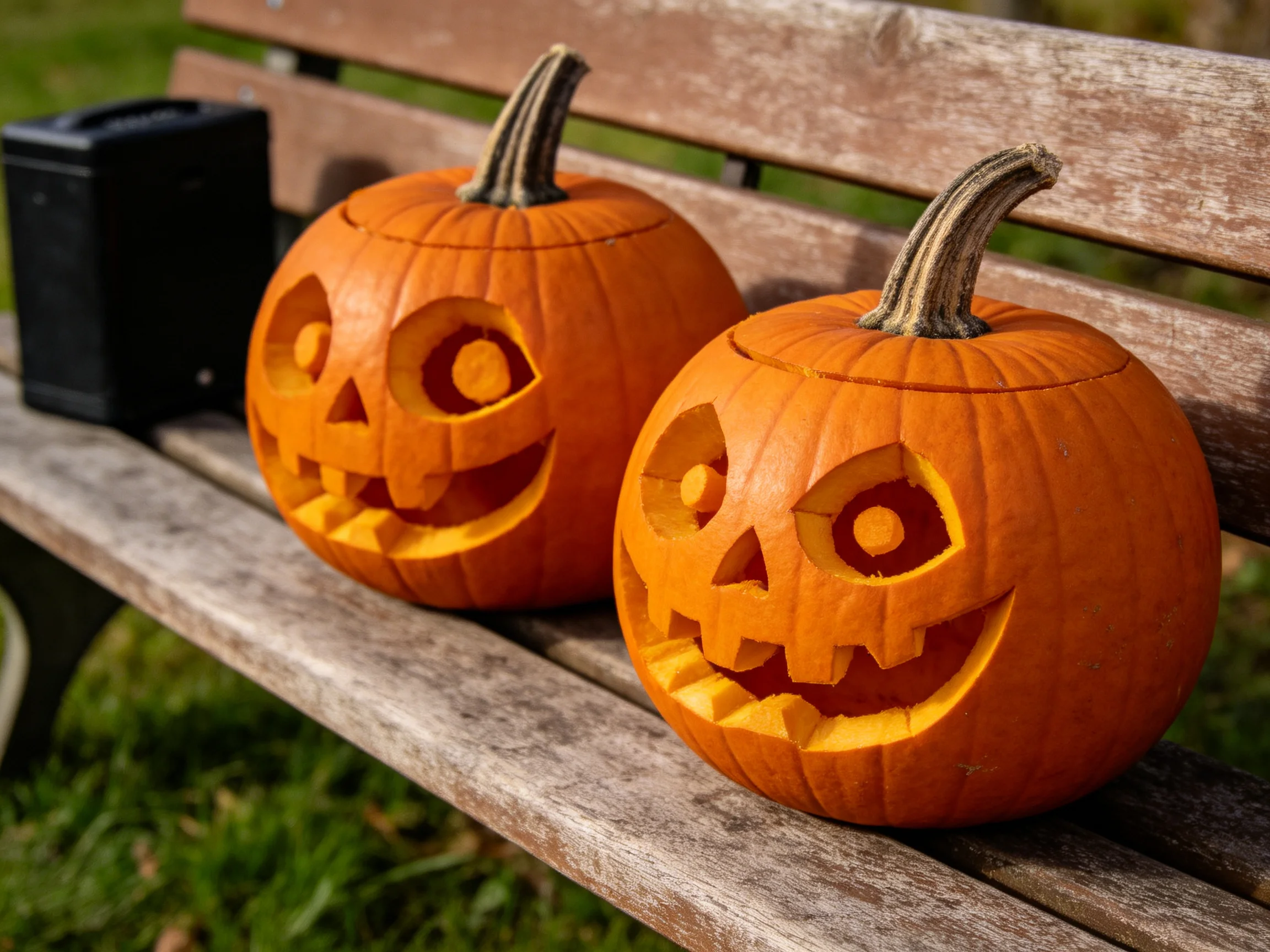 Two carved orange jack-o-lanterns sit on a weathered wooden park bench