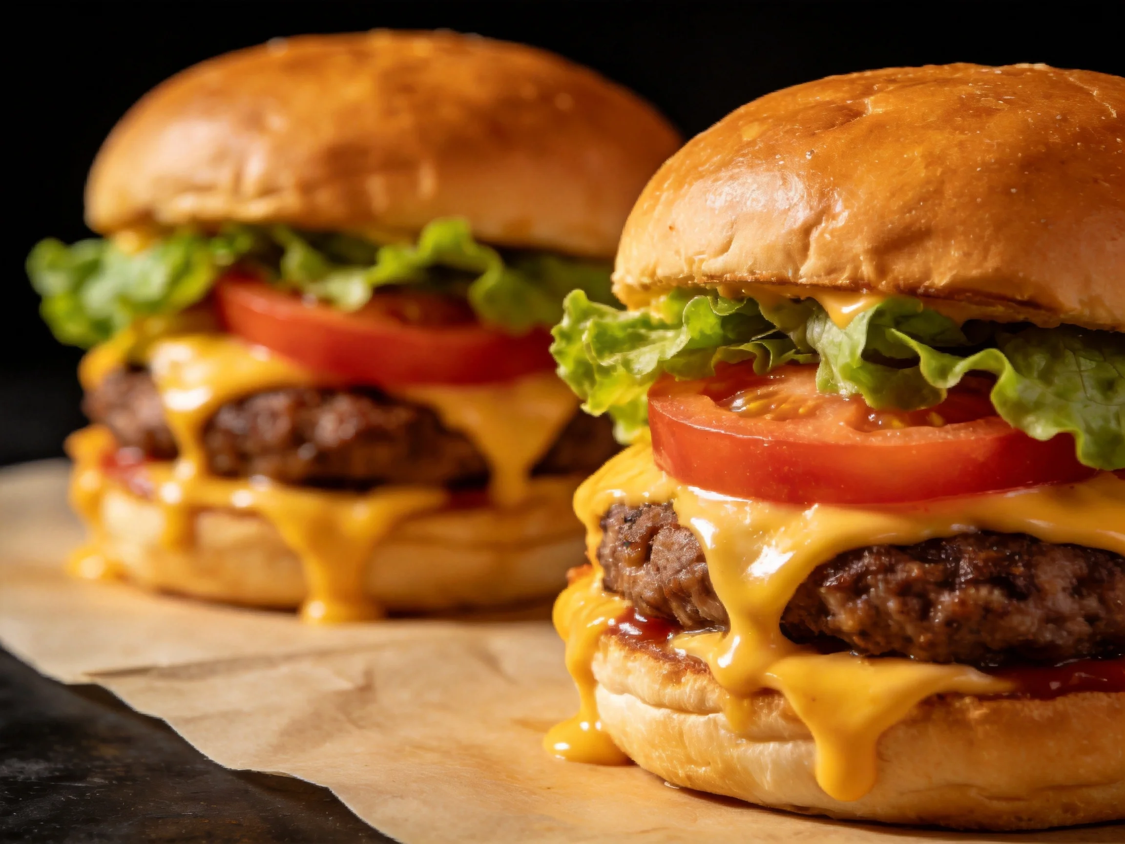 Two cheeseburgers with fresh lettuce, tomato, and oozing cheese