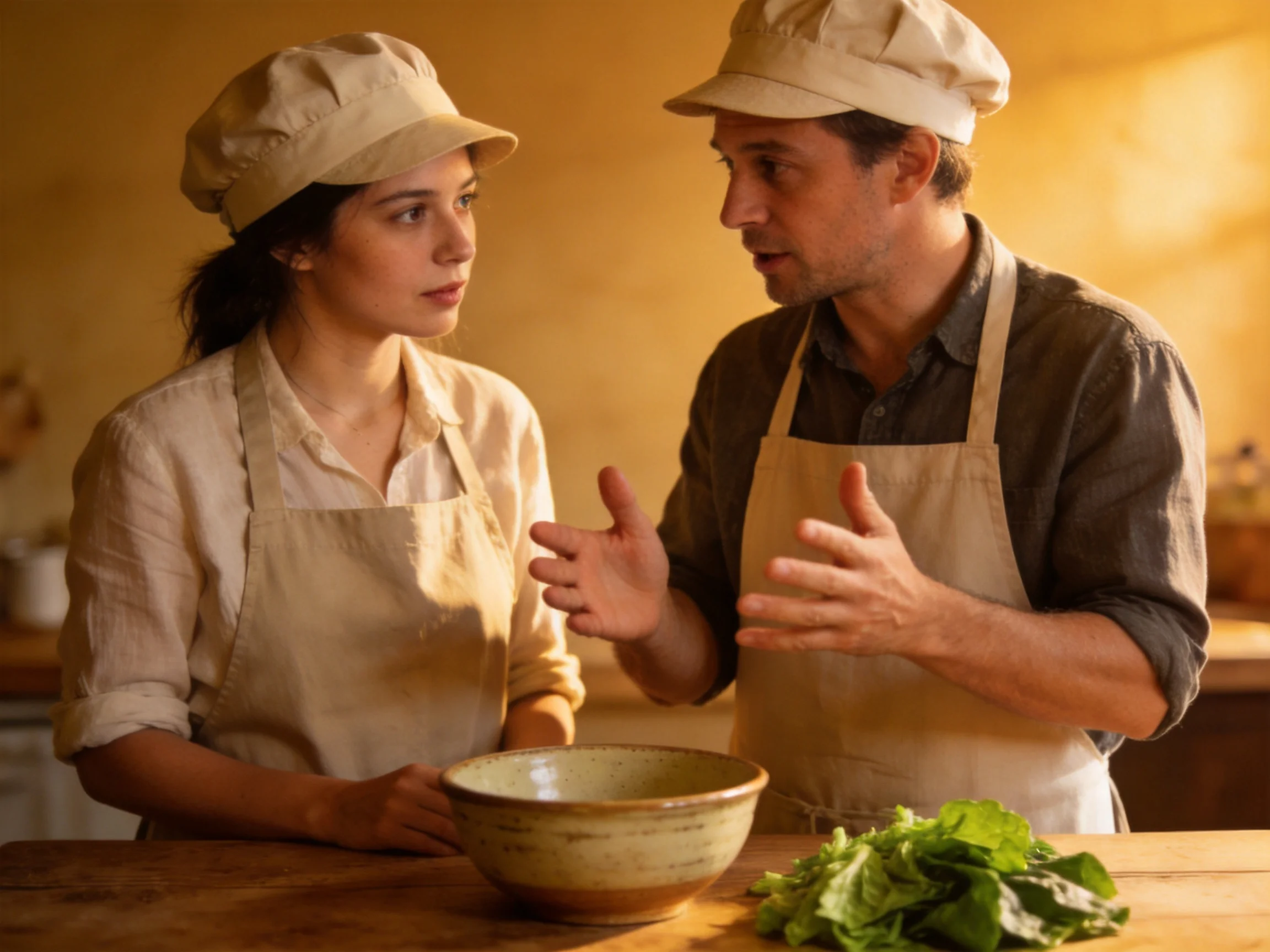 Two chefs in aprons converse near a bowl and greens in a sunlit kitchen