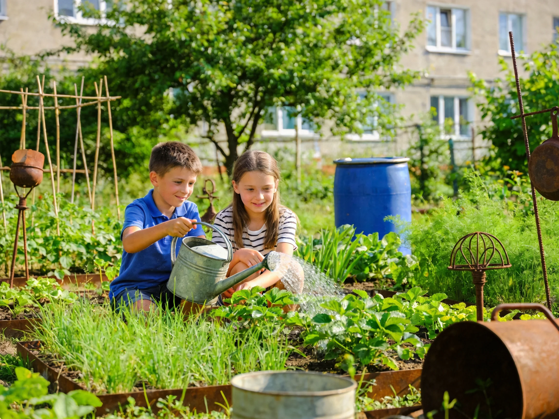 Two children watering vibrant plants in a community garden