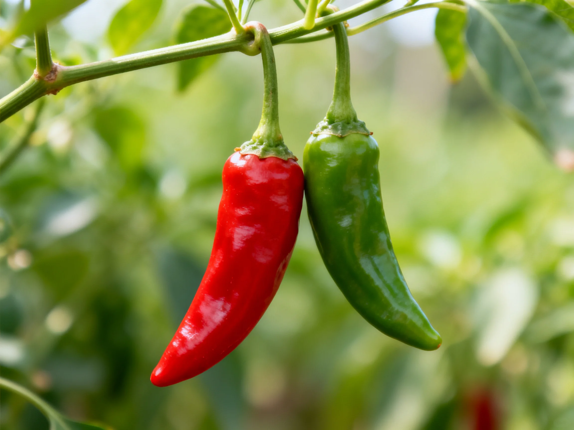 Two chili peppers, one red and one green, hang from a plant branch